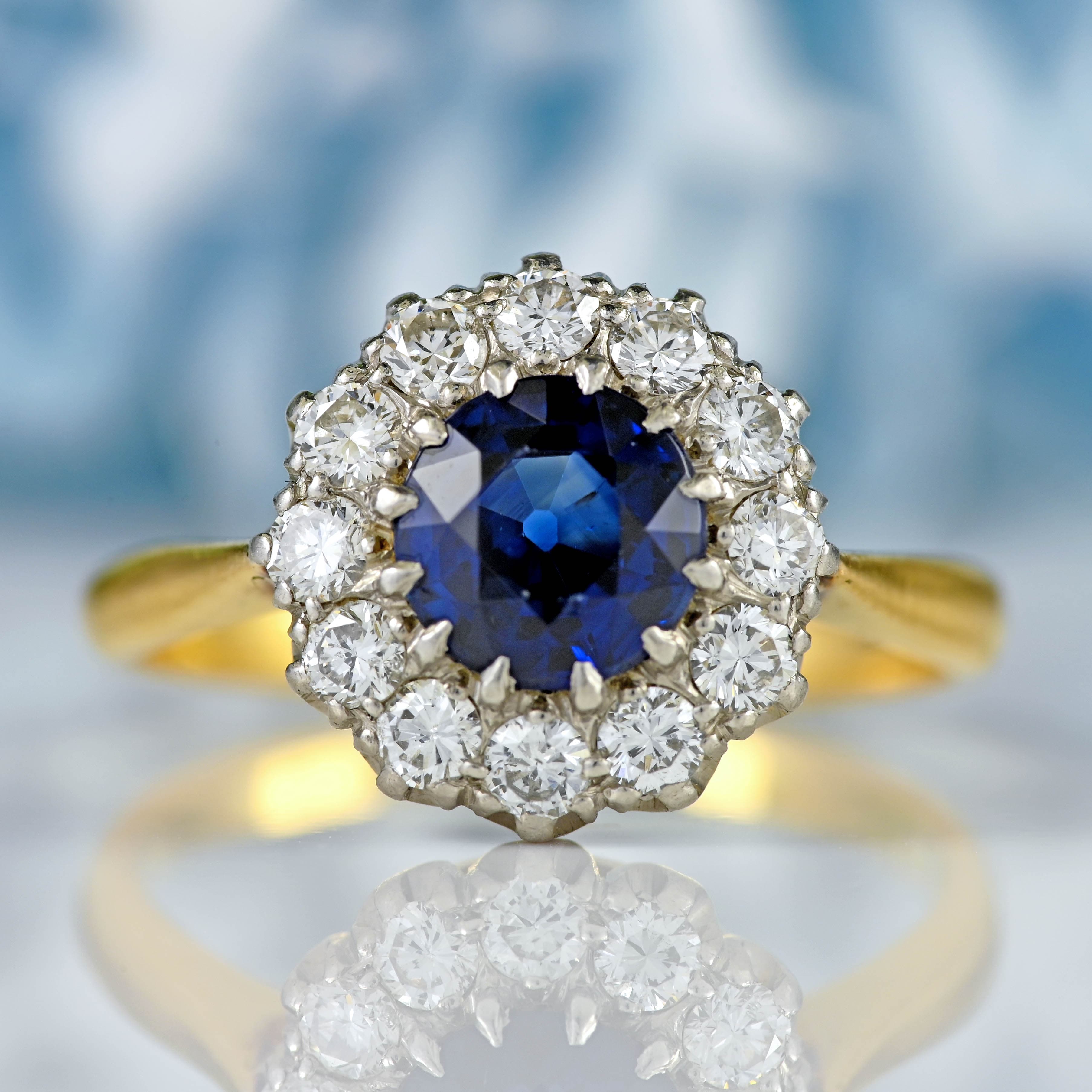 Ellibelle Jewellery Vintage Sapphire & Diamond 18ct Gold Halo Cluster Ring (1.10cts)
