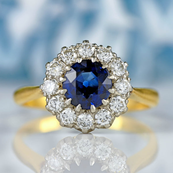 Ellibelle Jewellery Vintage Sapphire & Diamond 18ct Gold Halo Cluster Ring (1.10cts)