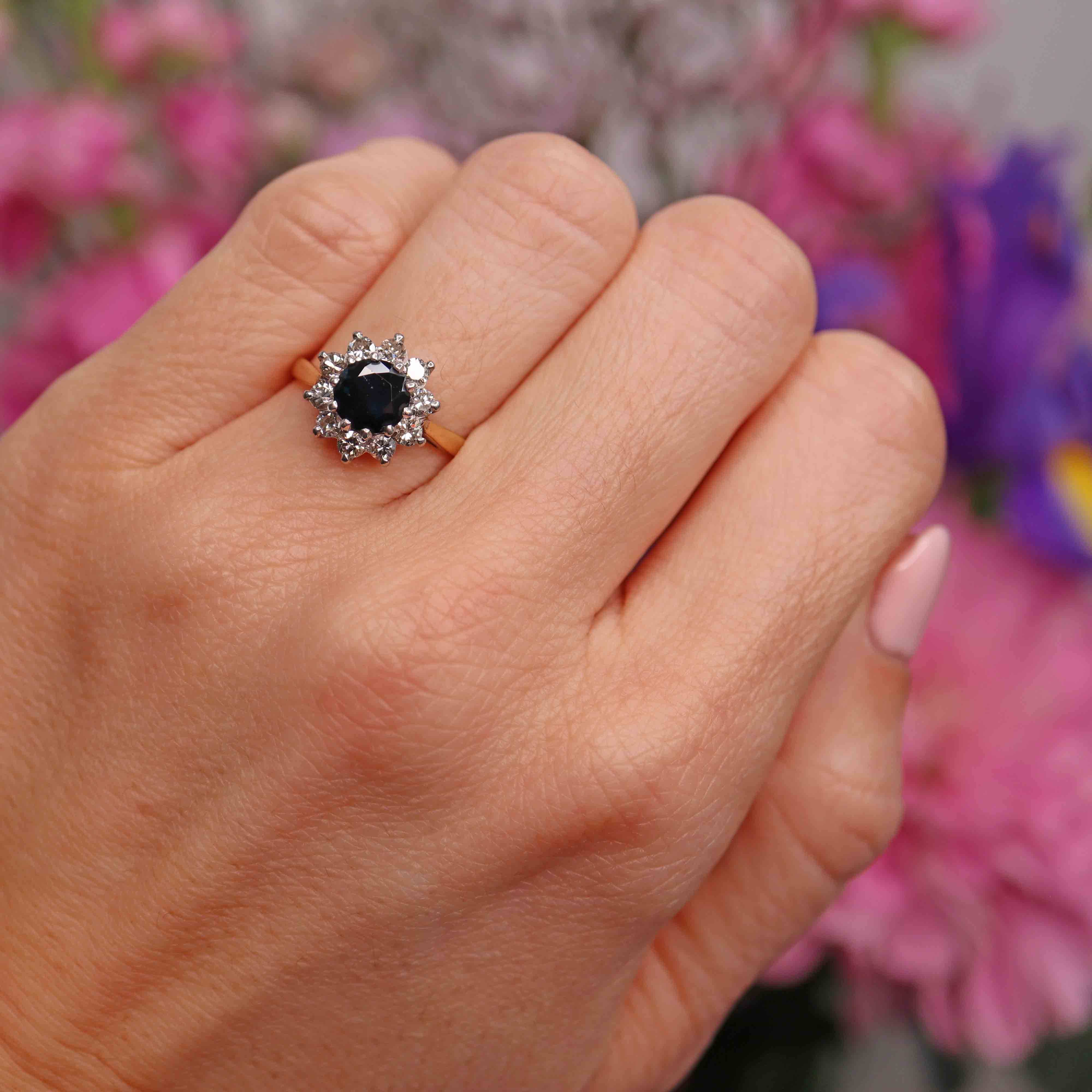 Ellibelle Jewellery Vintage Sapphire & Diamond 18ct Gold Halo Cluster Ring (1.30cts)