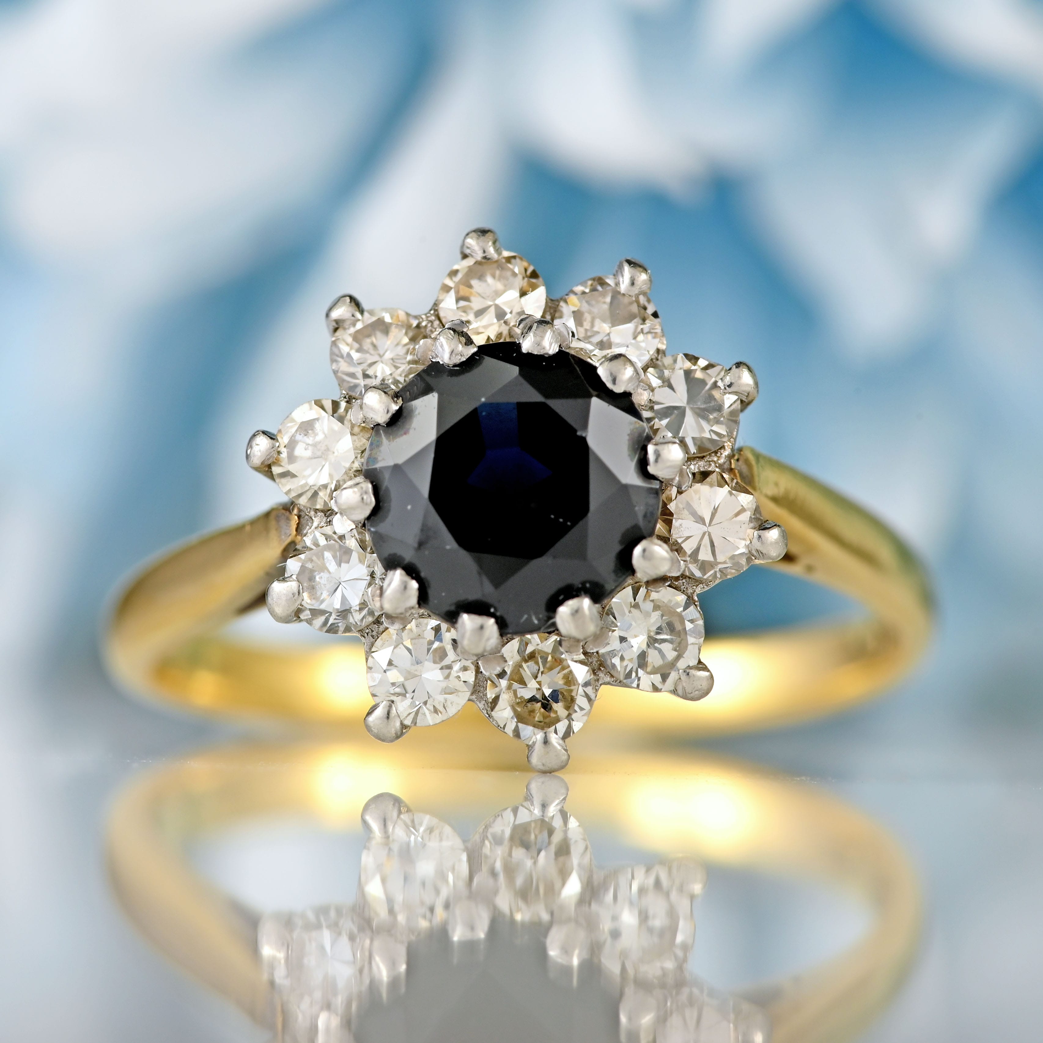 Ellibelle Jewellery Vintage Sapphire & Diamond 18ct Gold Halo Cluster Ring (1.30cts)