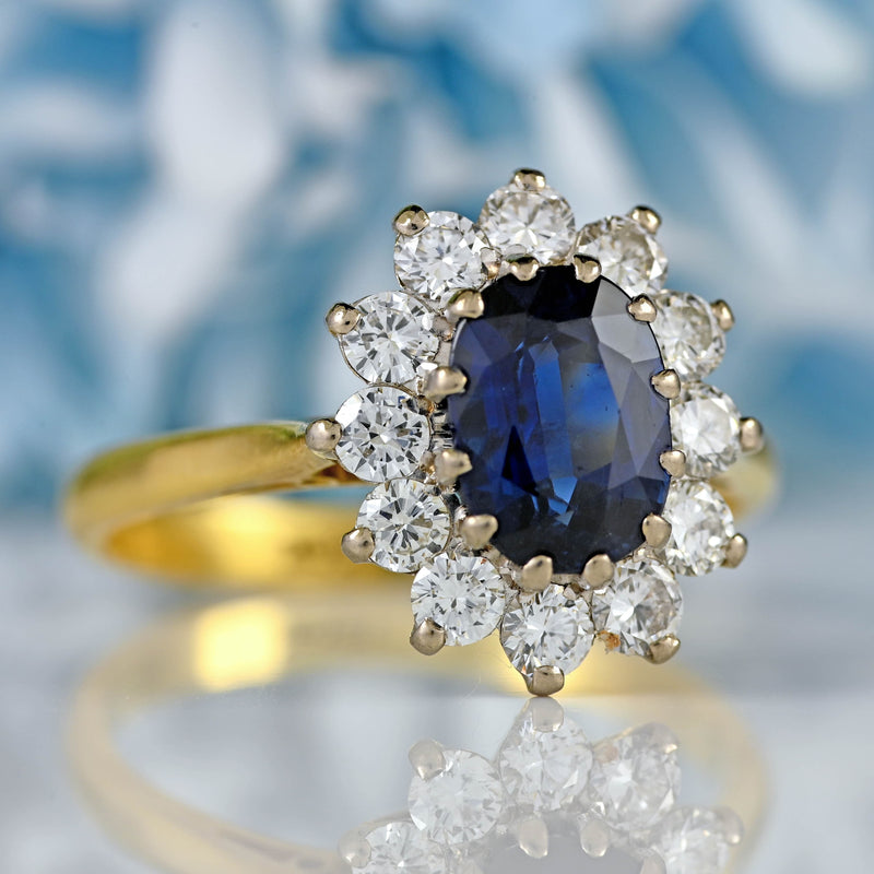 Ellibelle Jewellery Vintage Sapphire & Diamond 18ct Gold Oval Cluster Ring (1.60cts)