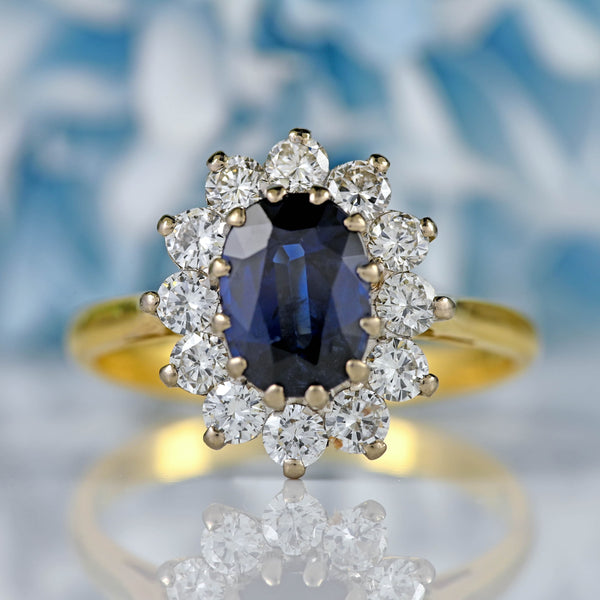 Ellibelle Jewellery Vintage Sapphire & Diamond 18ct Gold Oval Cluster Ring (1.60cts)