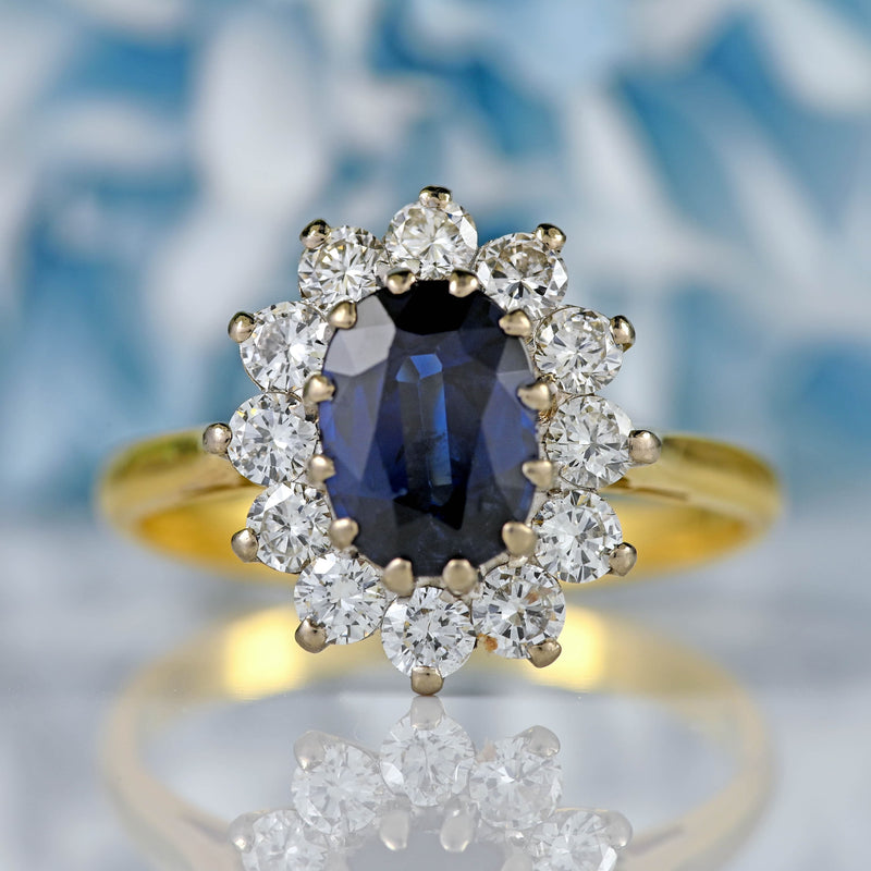 Ellibelle Jewellery Vintage Sapphire & Diamond 18ct Gold Oval Cluster Ring (1.60cts)