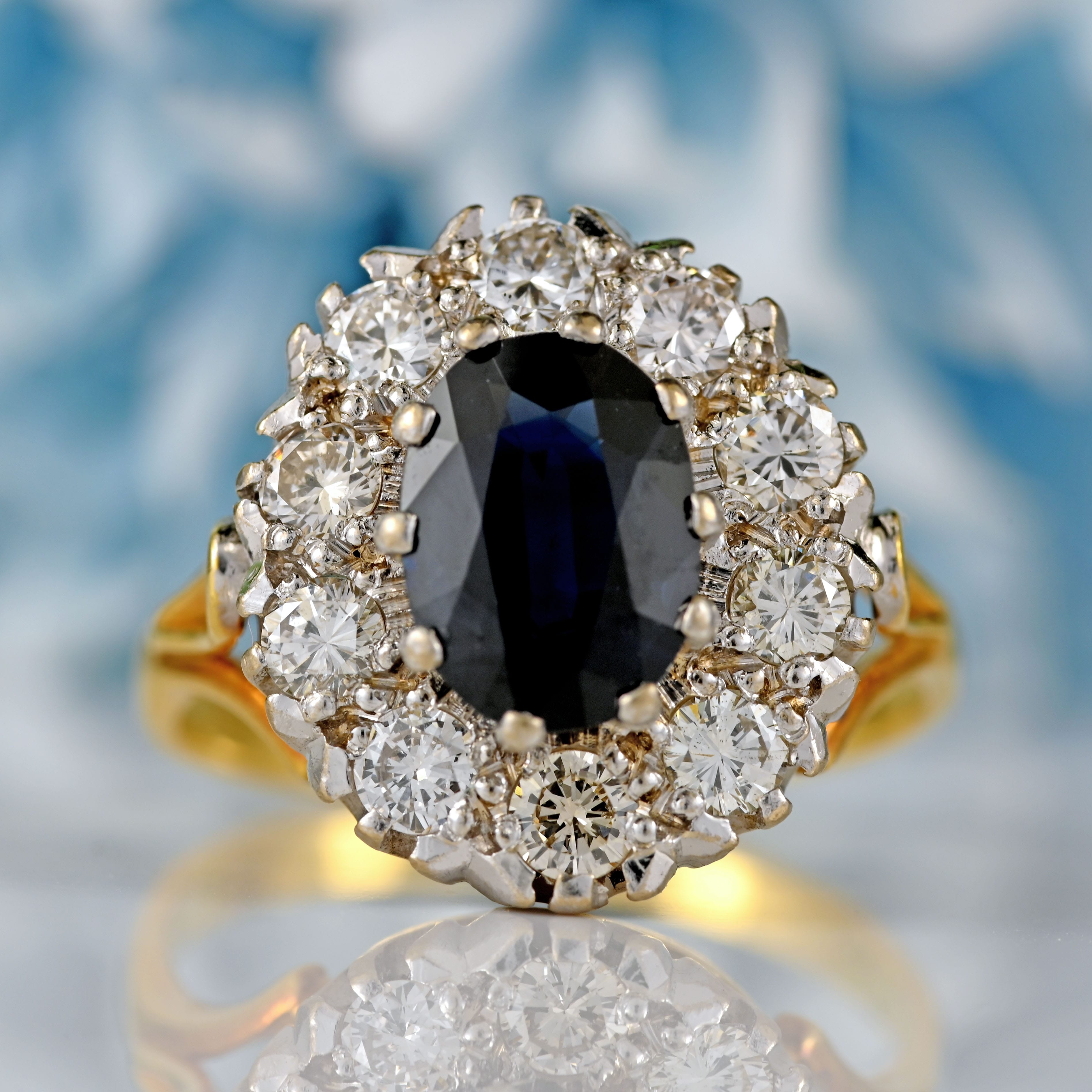 Ellibelle Jewellery Vintage Sapphire & Diamond 18ct Gold Oval Cluster Ring (1.72cts)