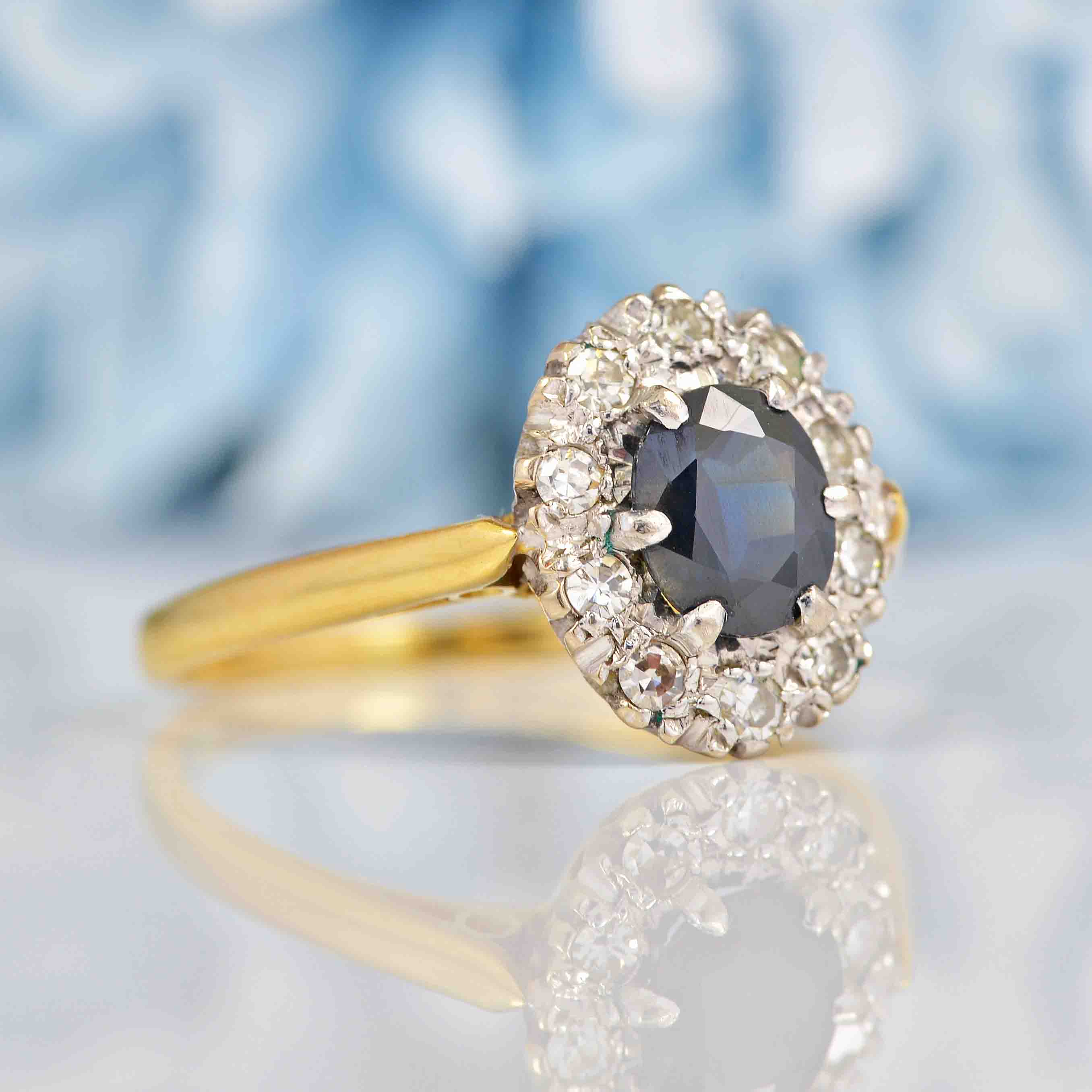 Ellibelle Jewellery Vintage Sapphire & Diamond 18ct Gold Oval Cluster Ring