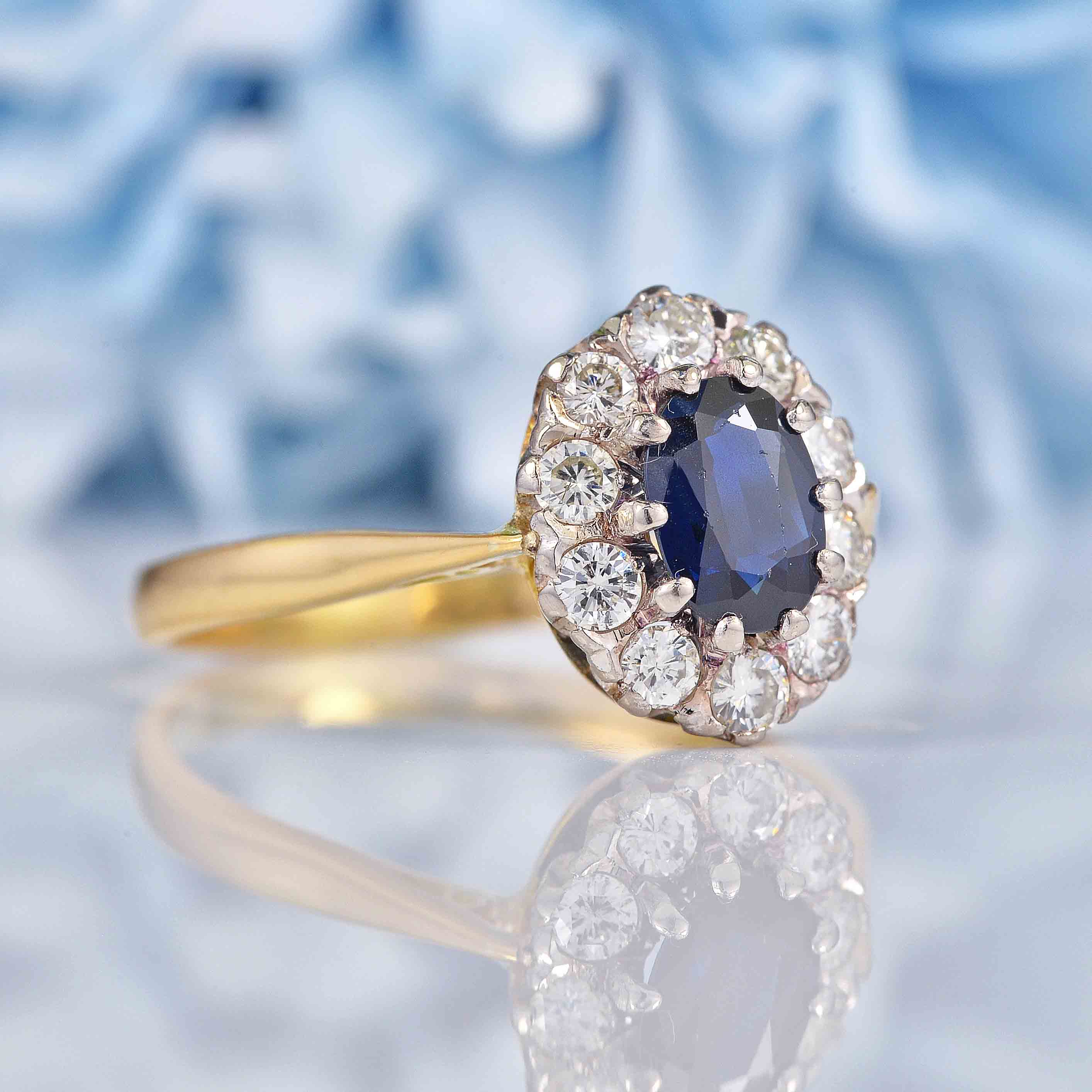 Ellibelle Jewellery Vintage Sapphire & Diamond 18ct Gold Oval Cluster Ring