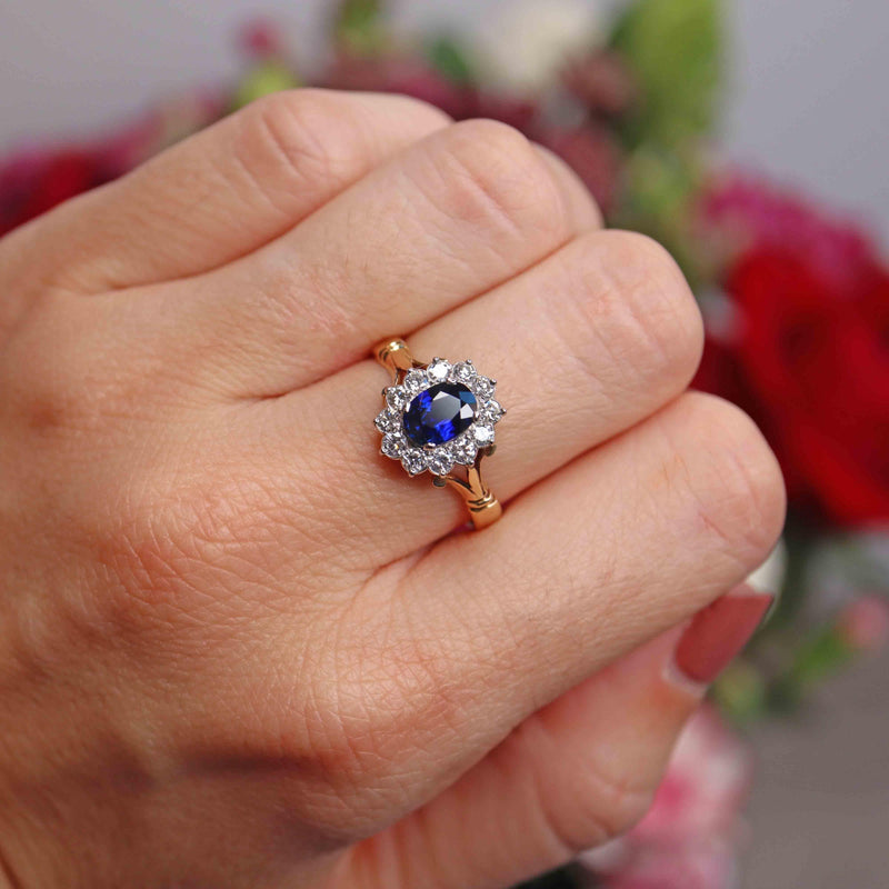 Ellibelle Jewellery Vintage Sapphire & Diamond 18ct Gold Oval Cluster Ring