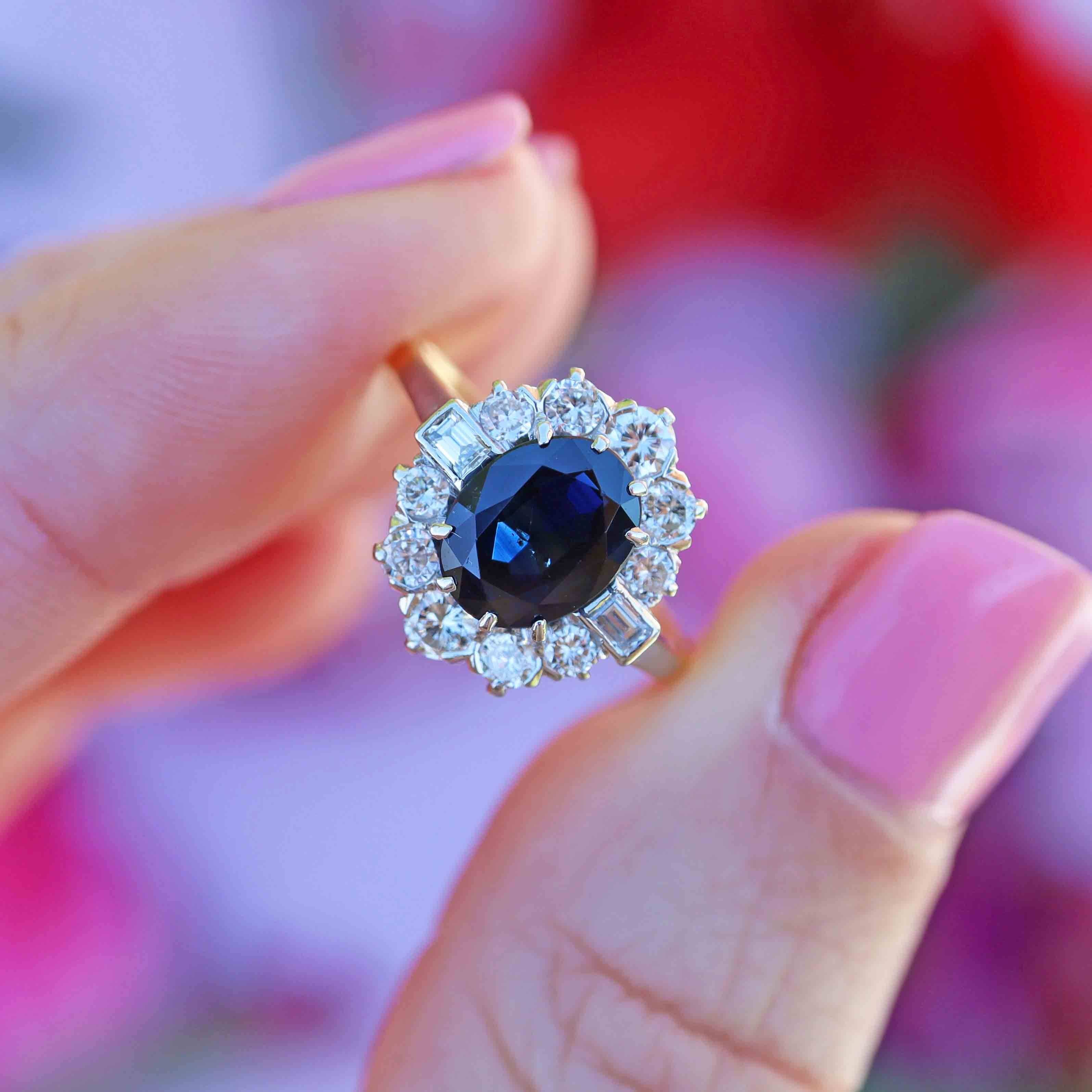 Ellibelle Jewellery Vintage Sapphire & Diamond 18ct Gold Platinum Cluster Ring (1.80cts)