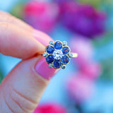Ellibelle Jewellery Vintage Sapphire & Diamond 18ct Gold Platinum Floral Cluster Ring