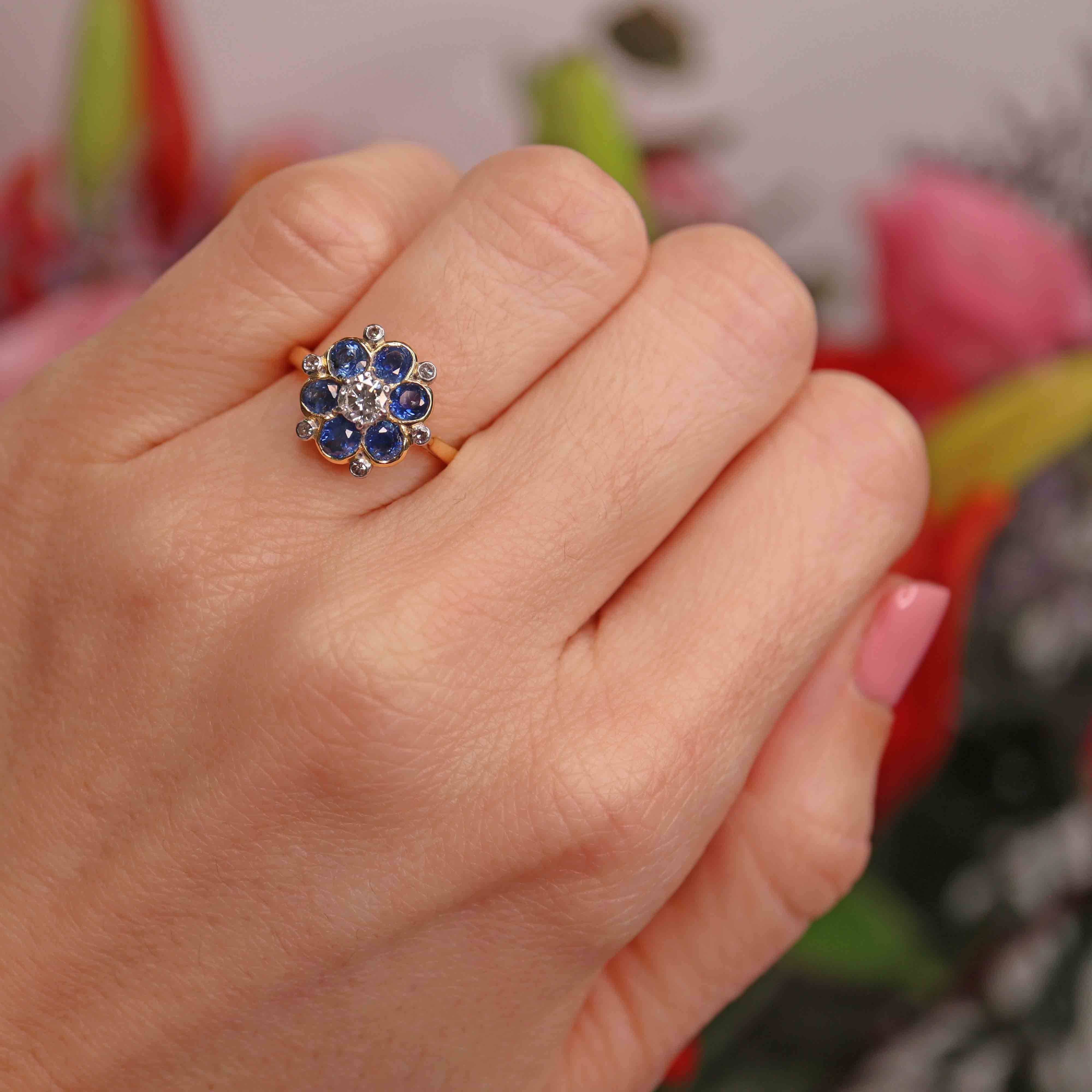 Ellibelle Jewellery Vintage Sapphire & Diamond 18ct Gold Platinum Floral Cluster Ring
