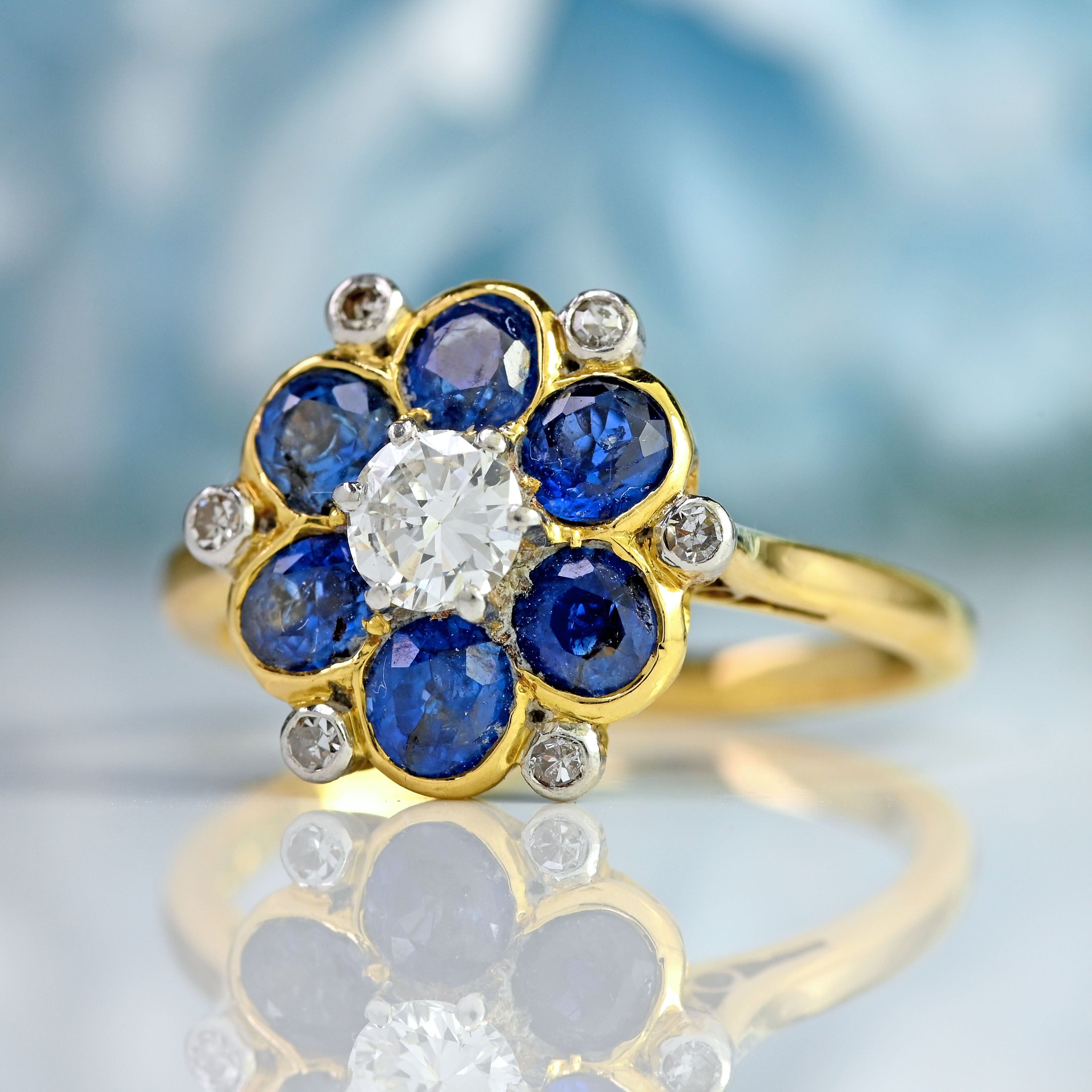 Ellibelle Jewellery Vintage Sapphire & Diamond 18ct Gold Platinum Floral Cluster Ring