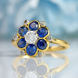 Ellibelle Jewellery Vintage Sapphire & Diamond 18ct Gold Platinum Floral Cluster Ring