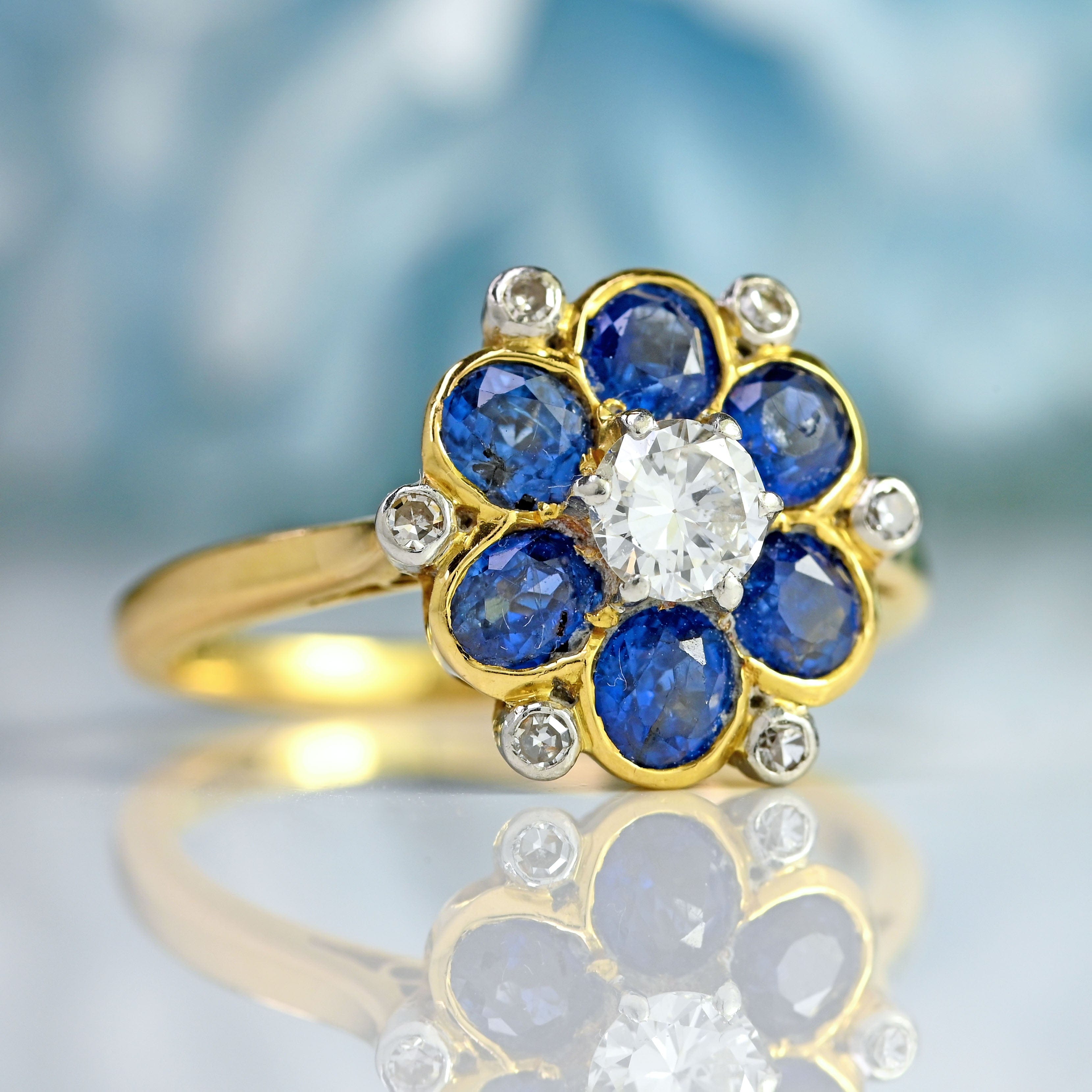 Ellibelle Jewellery Vintage Sapphire & Diamond 18ct Gold Platinum Floral Cluster Ring
