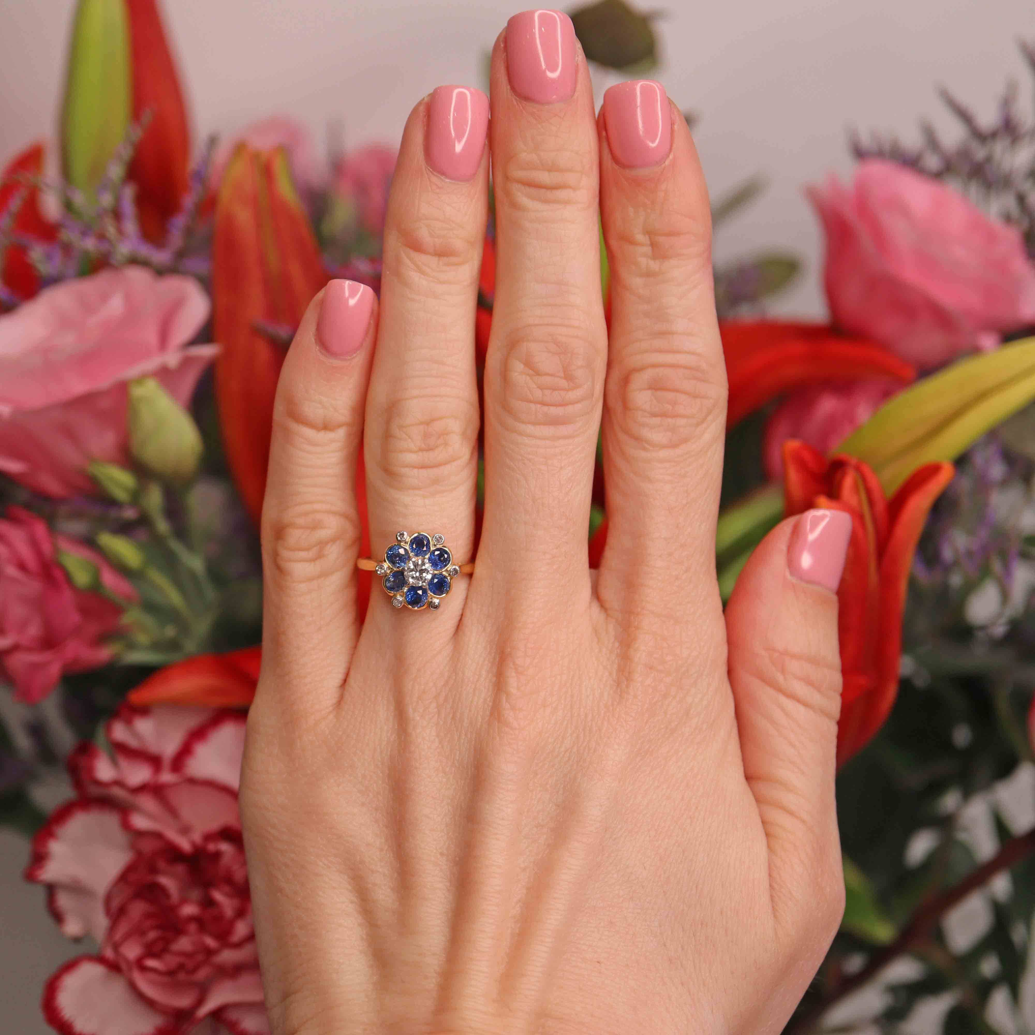 Ellibelle Jewellery Vintage Sapphire & Diamond 18ct Gold Platinum Floral Cluster Ring