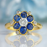 Ellibelle Jewellery Vintage Sapphire & Diamond 18ct Gold Platinum Floral Cluster Ring