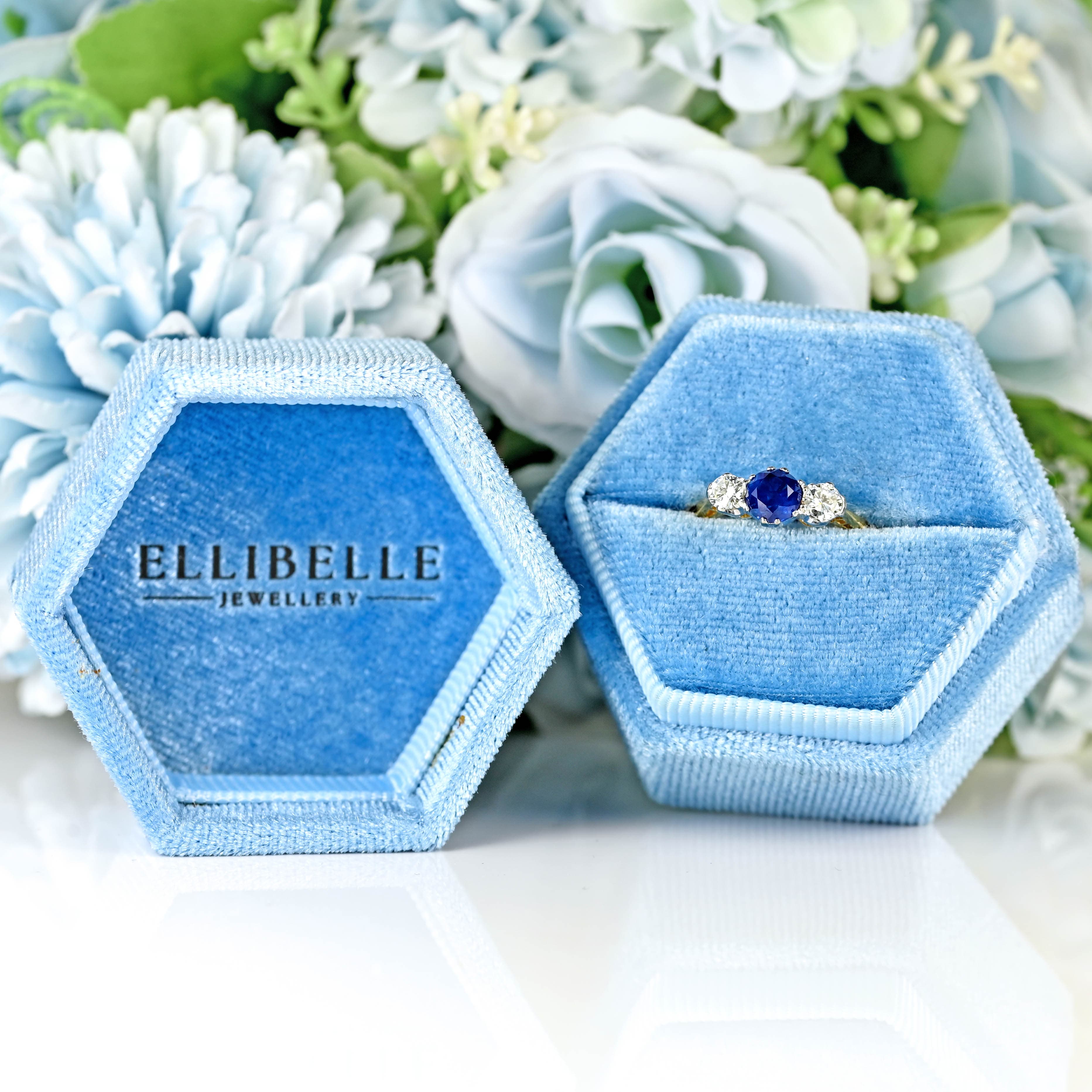 Ellibelle Jewellery Vintage Sapphire & Diamond 18ct Gold Platinum Three-Stone Engagement Ring (0.82cts)