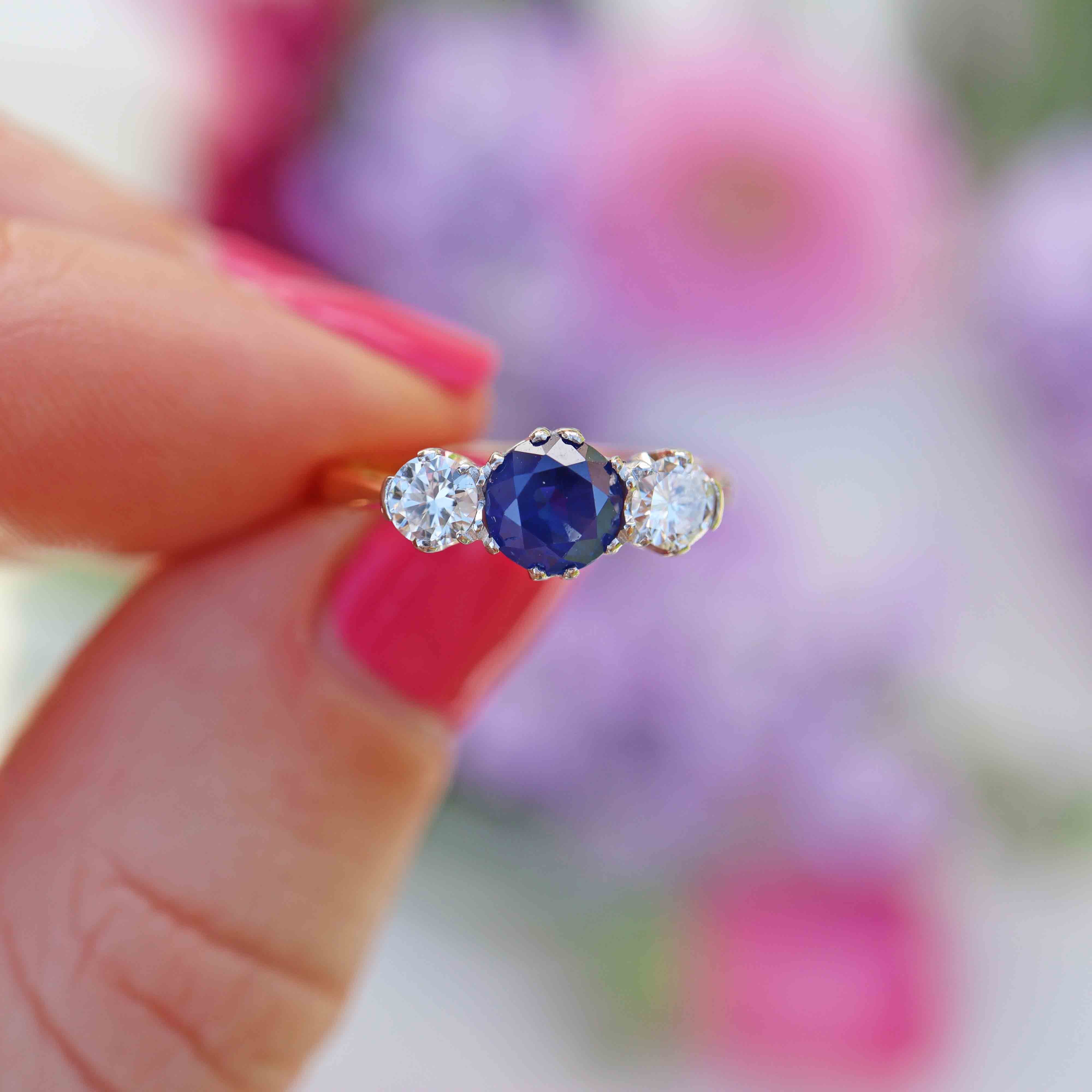 Ellibelle Jewellery Vintage Sapphire & Diamond 18ct Gold Platinum Three-Stone Engagement Ring (0.82cts)