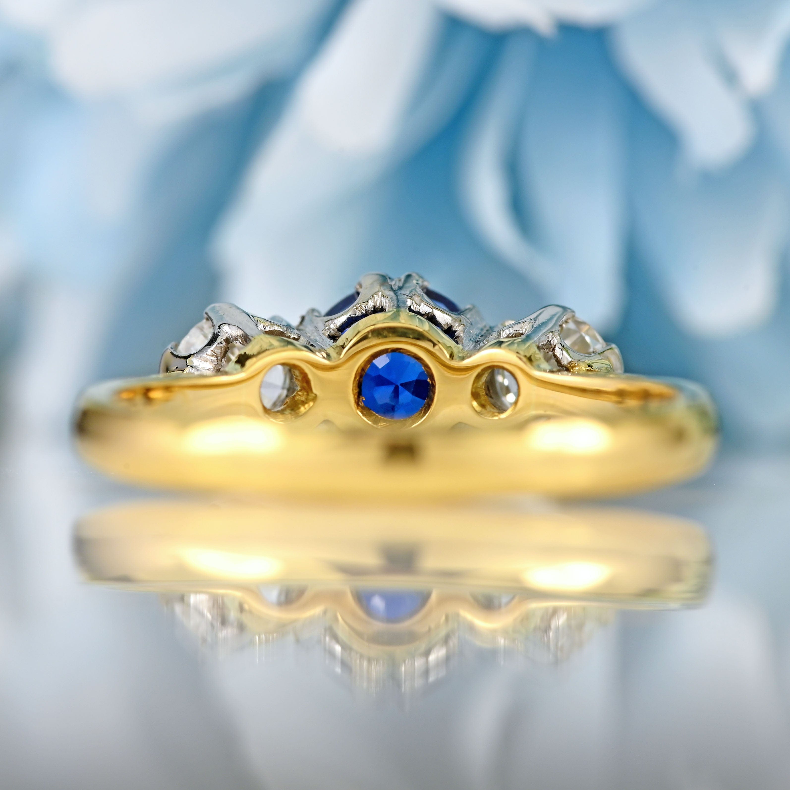 Ellibelle Jewellery Vintage Sapphire & Diamond 18ct Gold Platinum Three-Stone Engagement Ring (0.82cts)