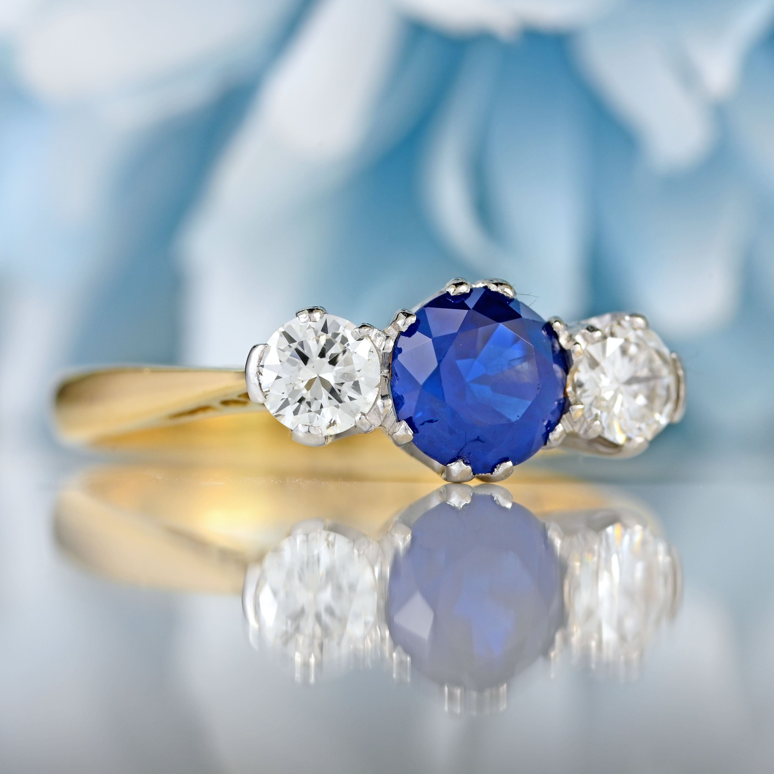 Ellibelle Jewellery Vintage Sapphire & Diamond 18ct Gold Platinum Three-Stone Engagement Ring (0.82cts)