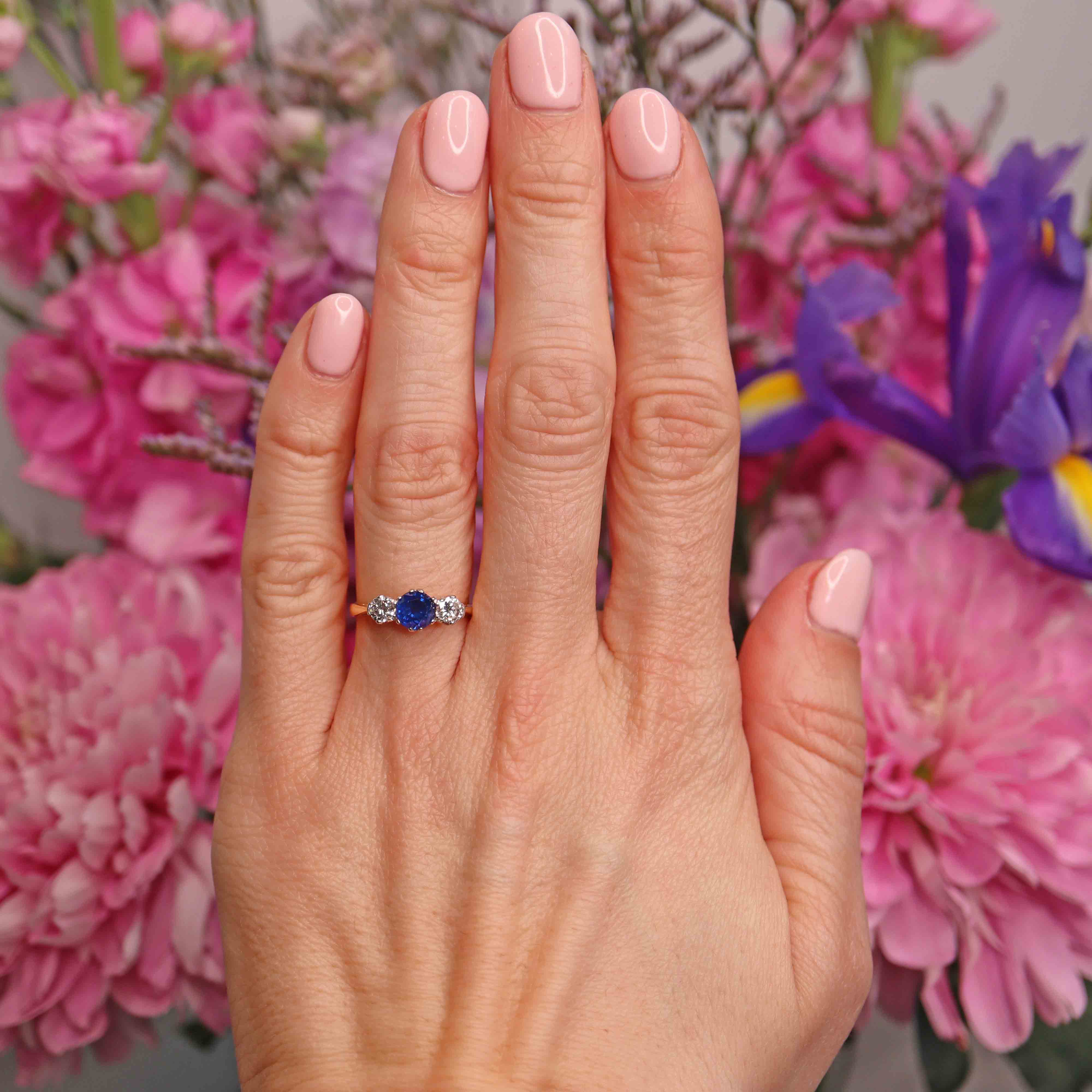 Ellibelle Jewellery Vintage Sapphire & Diamond 18ct Gold Platinum Three-Stone Engagement Ring (0.82cts)