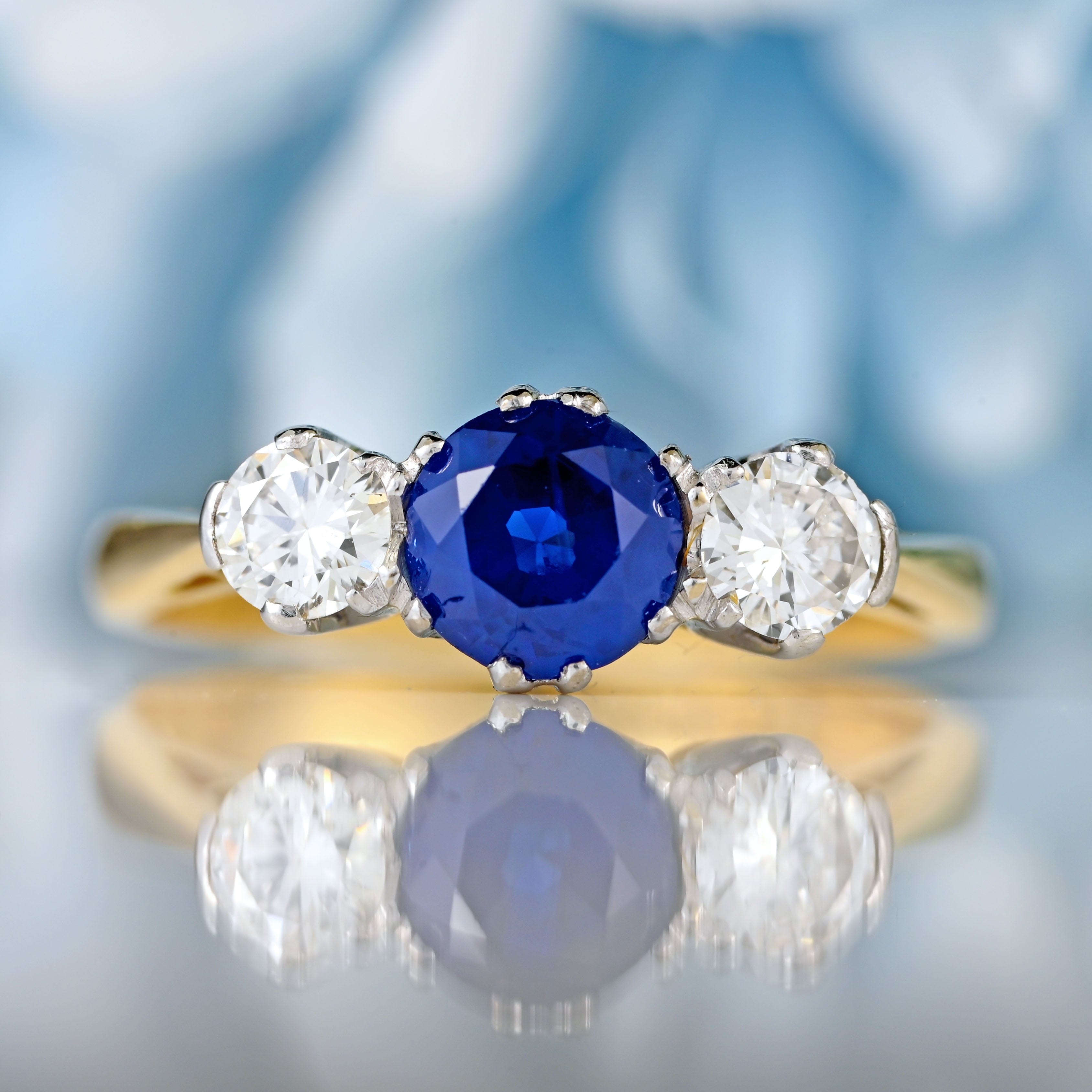 Ellibelle Jewellery Vintage Sapphire & Diamond 18ct Gold Platinum Three-Stone Engagement Ring (0.82cts)