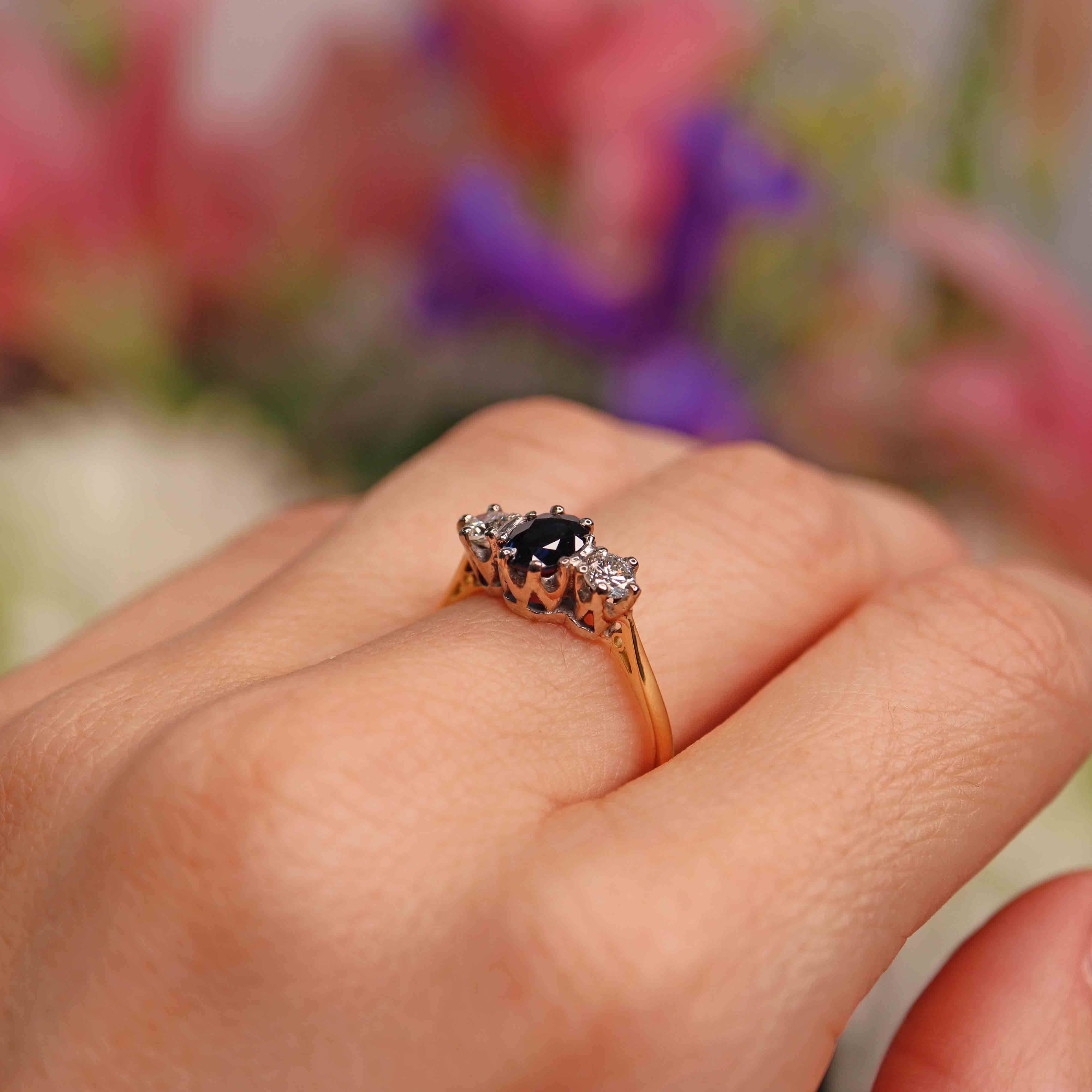 Ellibelle Jewellery Vintage Sapphire & Diamond 18ct Gold Platinum Three-Stone Ring (0.80cts)