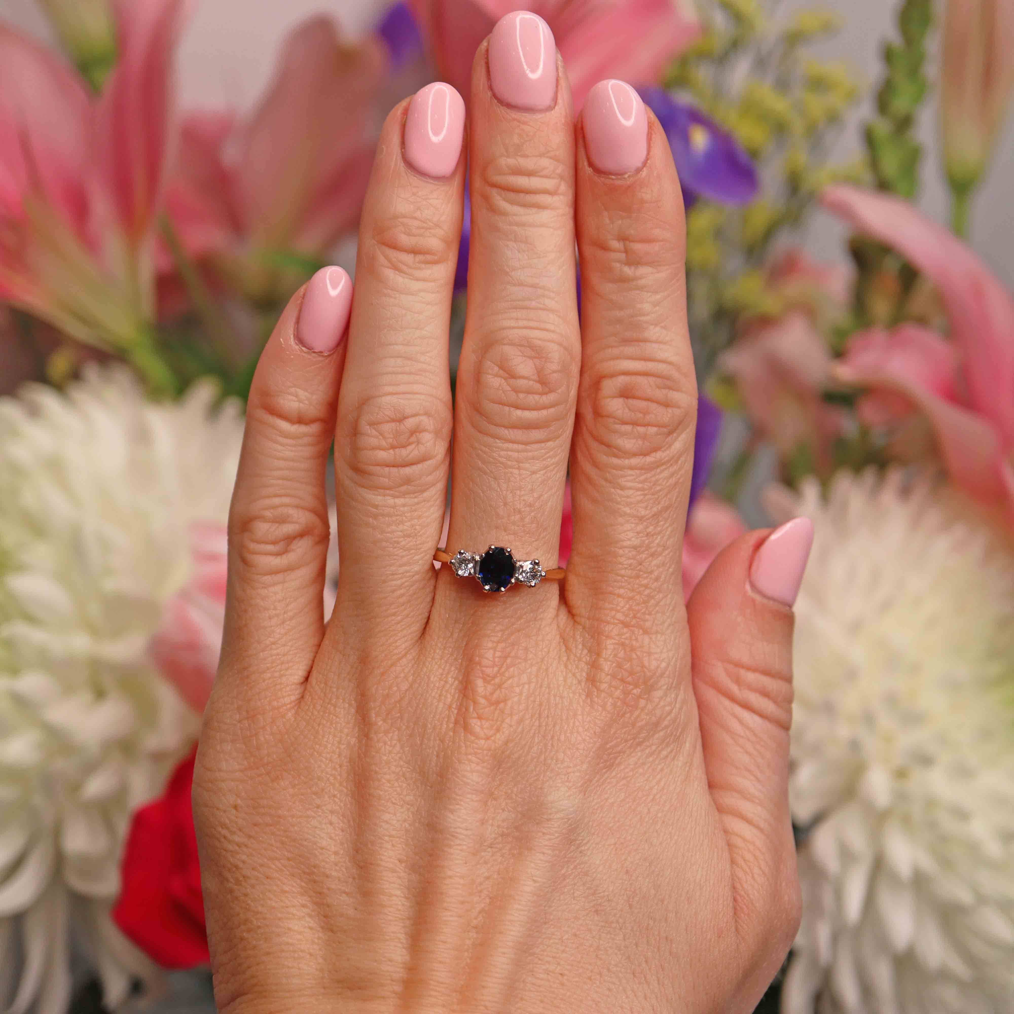 Ellibelle Jewellery Vintage Sapphire & Diamond 18ct Gold Platinum Three-Stone Ring (0.80cts)