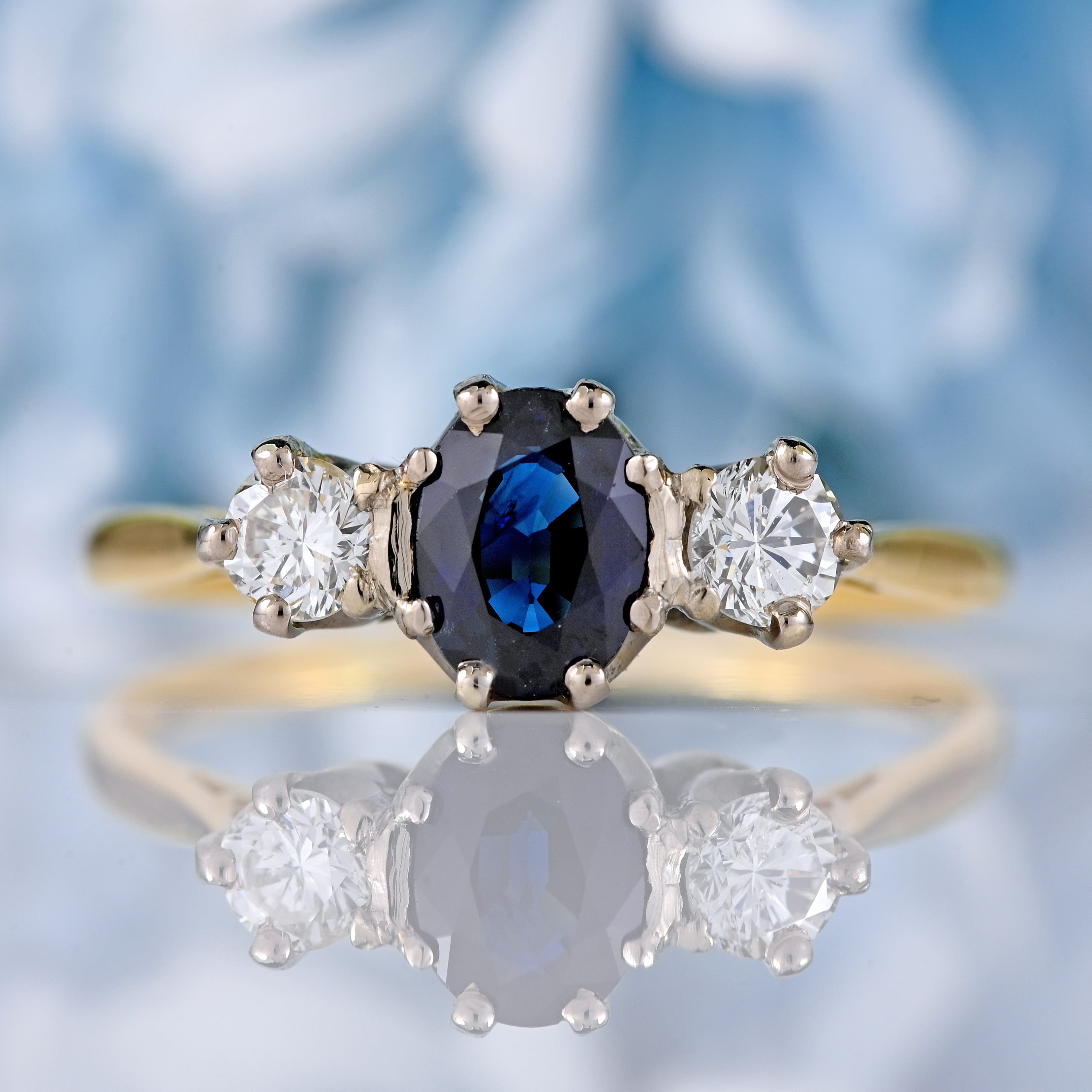 Ellibelle Jewellery Vintage Sapphire & Diamond 18ct Gold Platinum Three-Stone Ring (0.80cts)