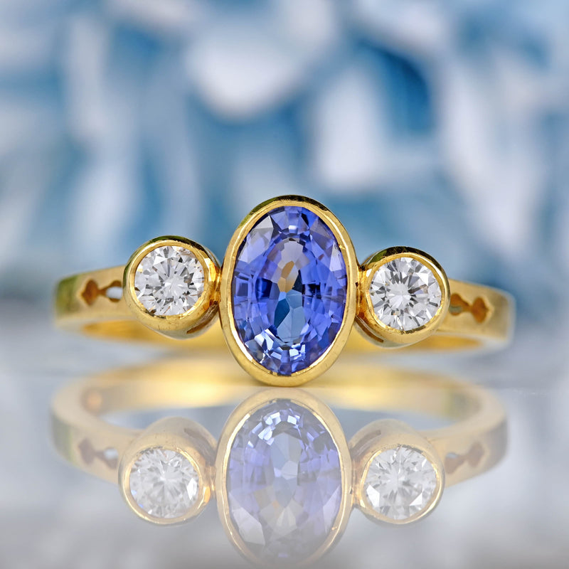 Ellibelle Jewellery Vintage Sapphire & Diamond 18ct Gold Three-Stone Bezel Engagement Ring