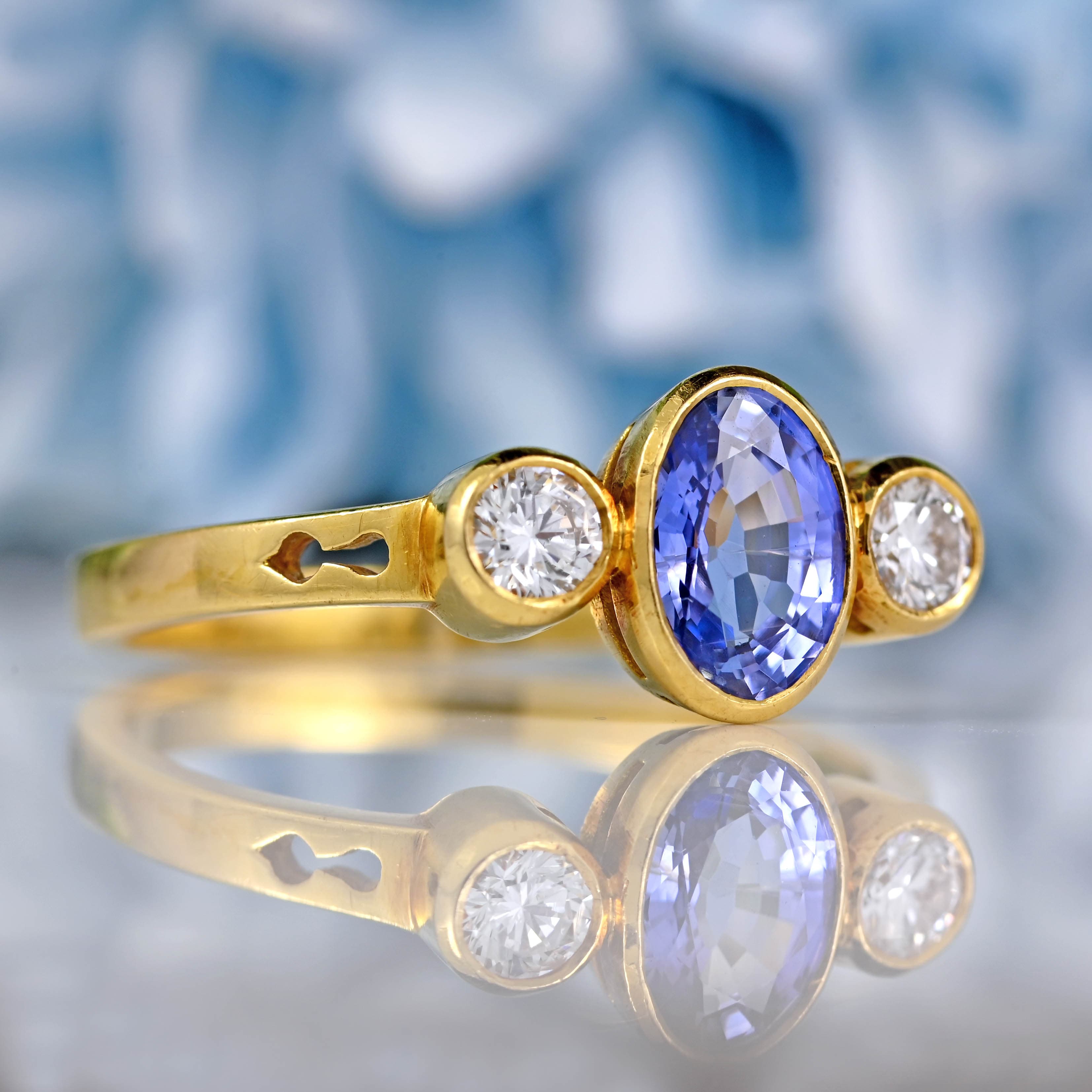 Ellibelle Jewellery Vintage Sapphire & Diamond 18ct Gold Three-Stone Bezel Engagement Ring