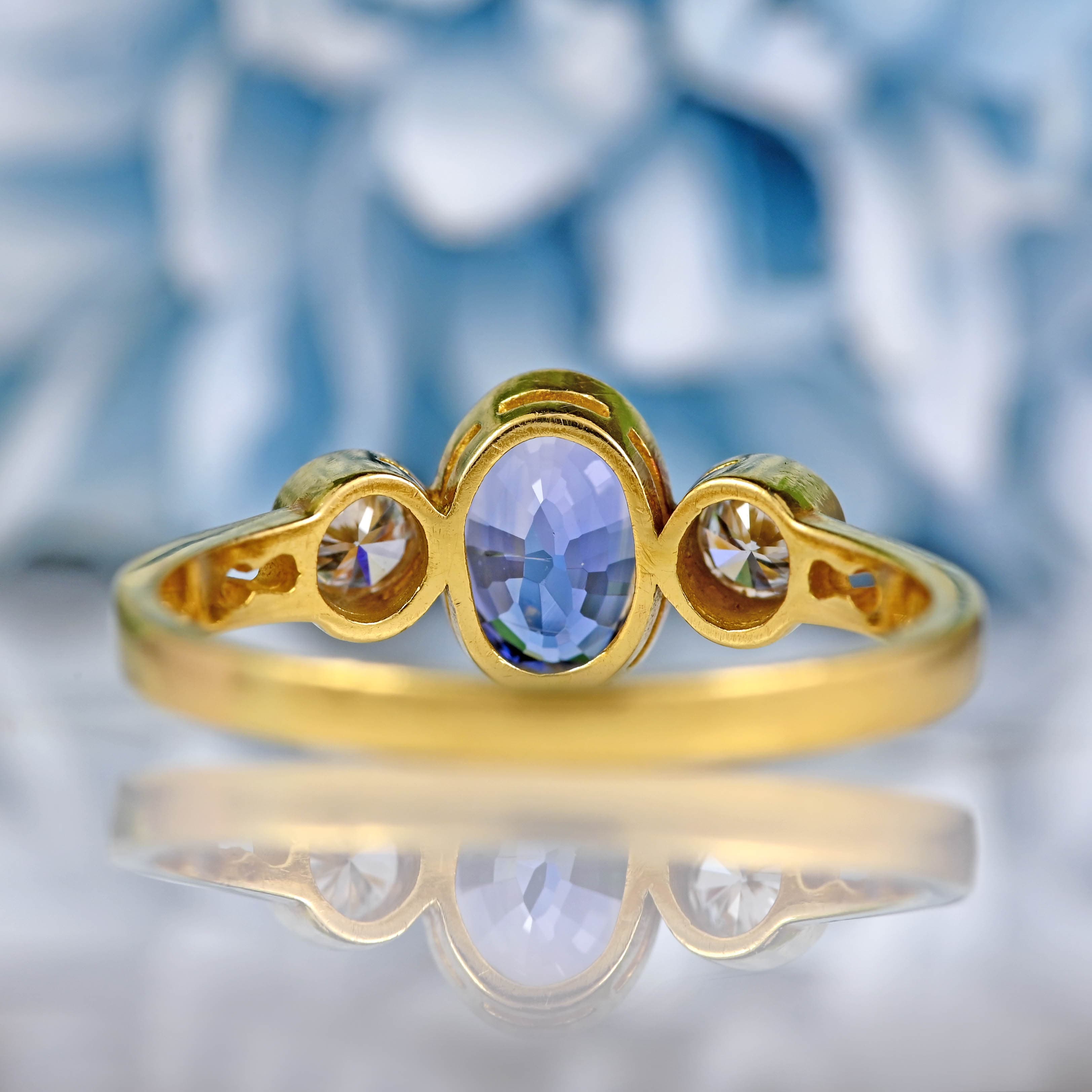 Ellibelle Jewellery Vintage Sapphire & Diamond 18ct Gold Three-Stone Bezel Engagement Ring