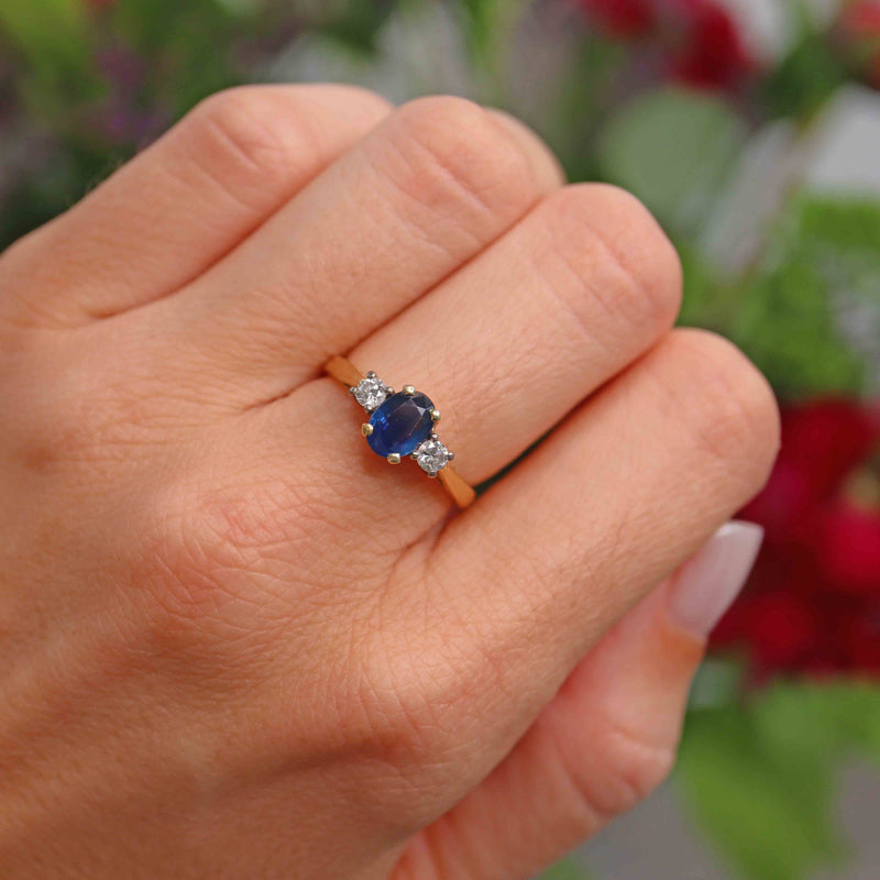 Ellibelle Jewellery Vintage Sapphire & Diamond 18ct Gold Three-Stone Engagement Ring