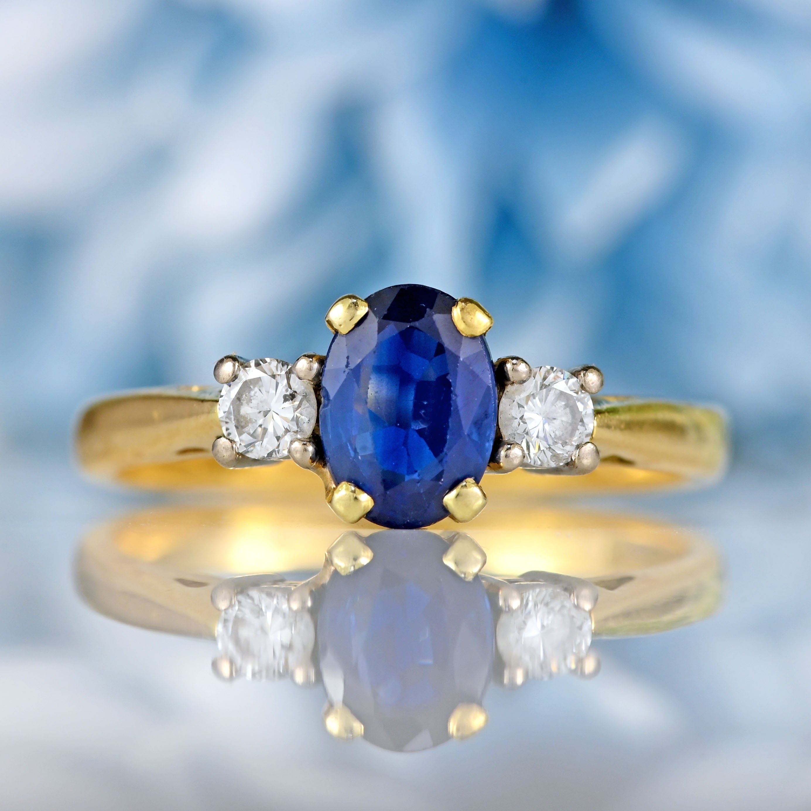 Ellibelle Jewellery Vintage Sapphire & Diamond 18ct Gold Three-Stone Engagement Ring