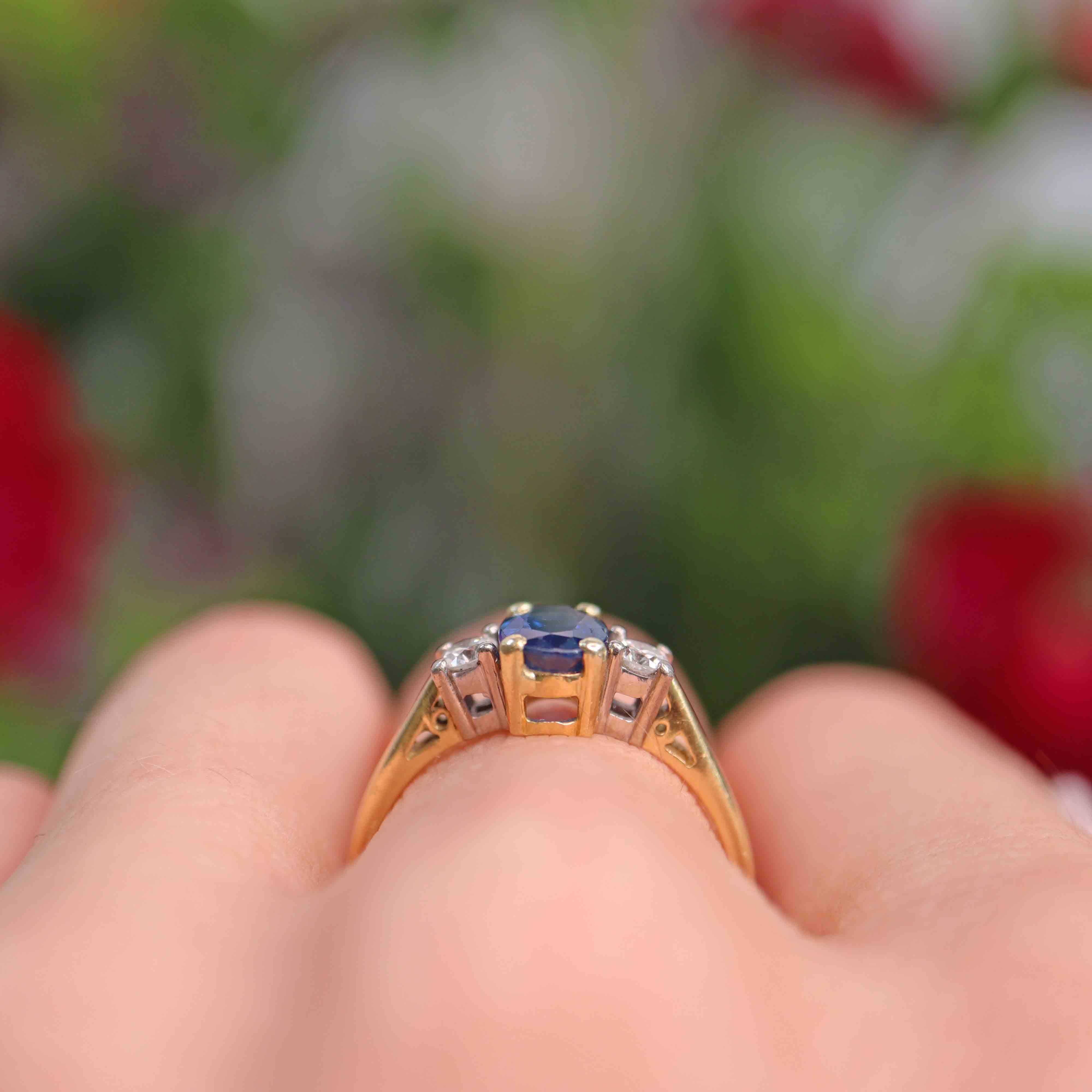 Ellibelle Jewellery Vintage Sapphire & Diamond 18ct Gold Three-Stone Engagement Ring