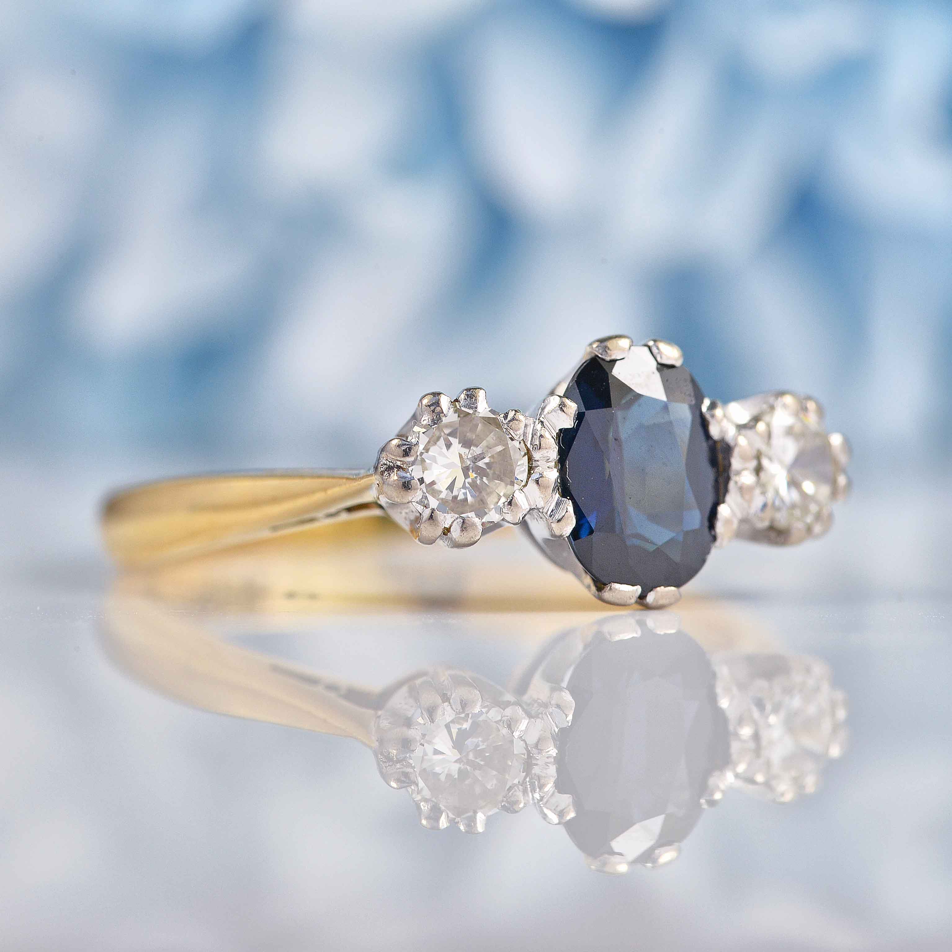 Ellibelle Jewellery Vintage Sapphire & Diamond 18ct Gold Three Stone Trilogy Engagement Ring