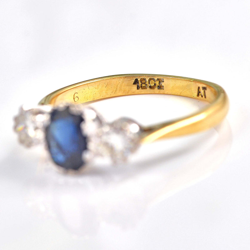 Ellibelle Jewellery Vintage Sapphire & Diamond 18ct Gold Three Stone Trilogy Engagement Ring