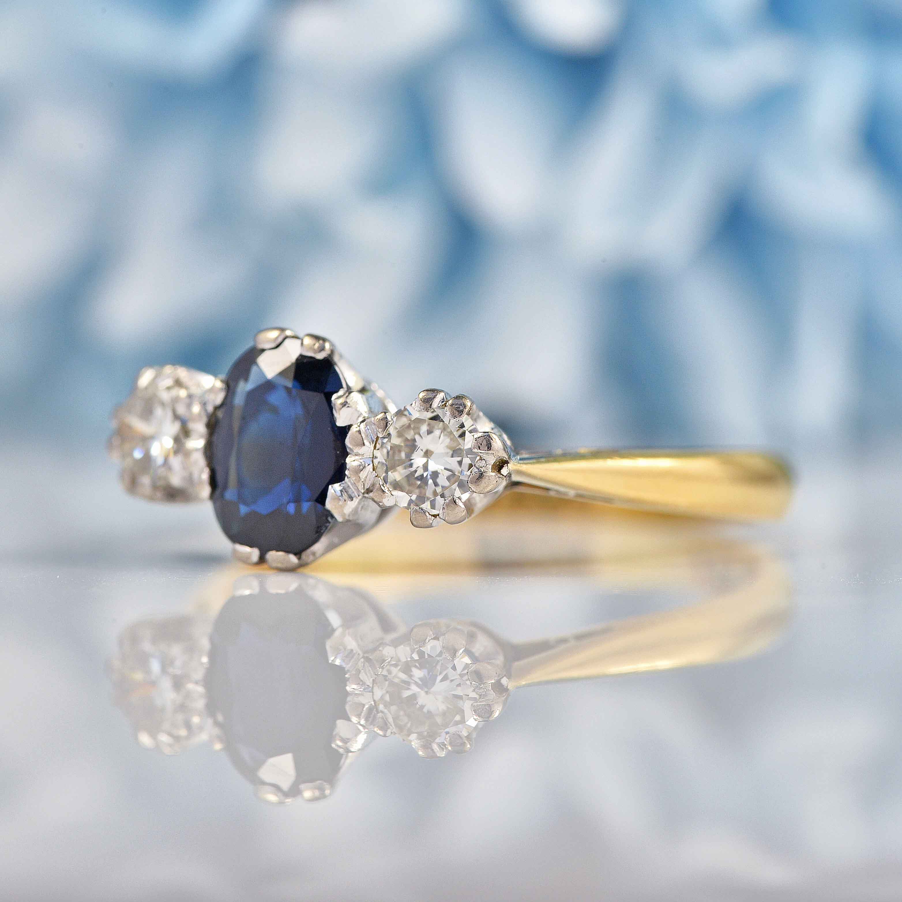 Ellibelle Jewellery Vintage Sapphire & Diamond 18ct Gold Three Stone Trilogy Engagement Ring