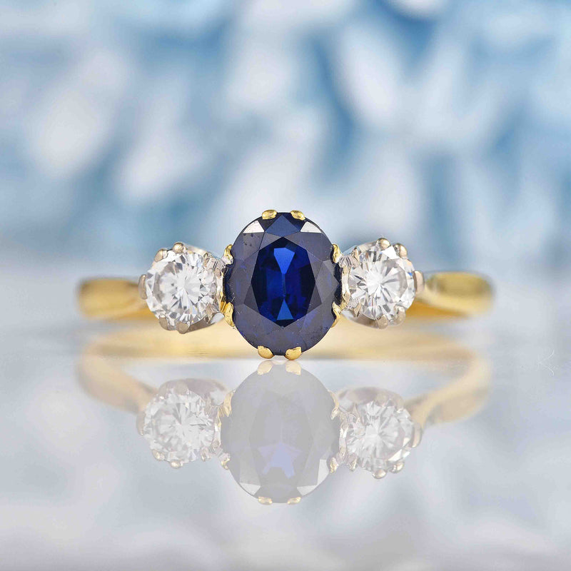 Ellibelle Jewellery Vintage Sapphire & Diamond 18ct Gold Three Stone Trilogy Engagement Ring