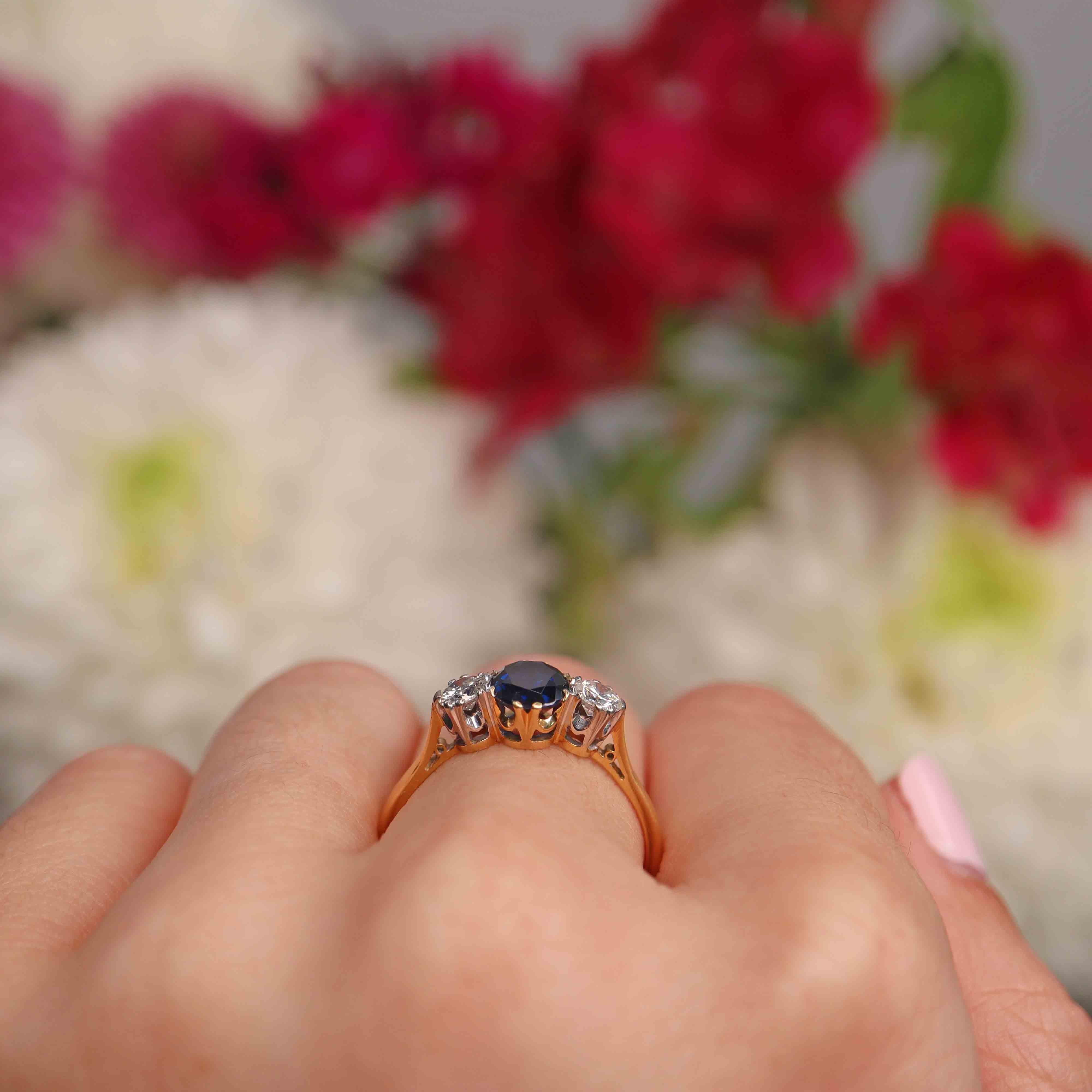 Ellibelle Jewellery Vintage Sapphire & Diamond 18ct Gold Three Stone Trilogy Engagement Ring