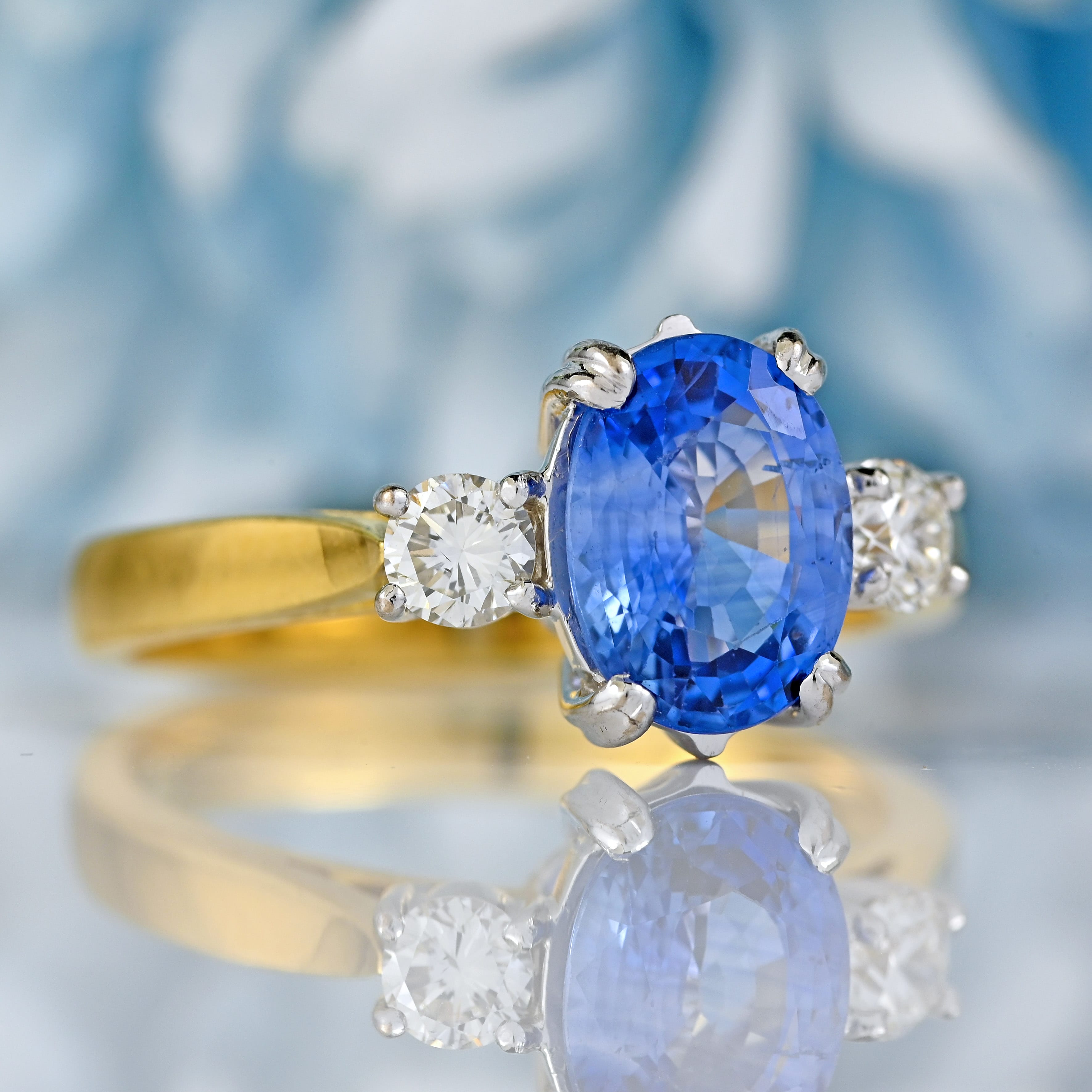 Ellibelle Jewellery Vintage Sapphire & Diamond 18ct Gold Three-Stone Trilogy Ring (1.96cts)