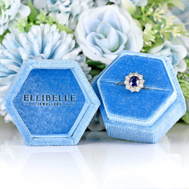 Ellibelle Jewellery Vintage Sapphire & Diamond 18ct White Gold Cluster Engagement Ring