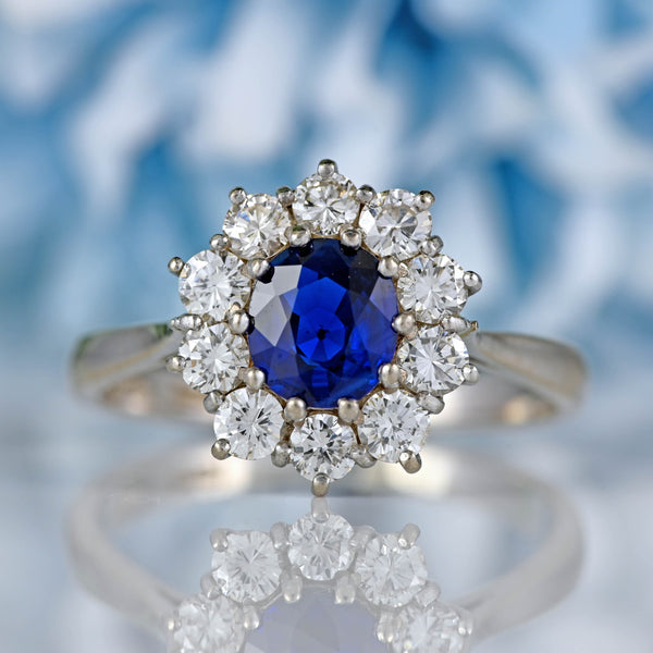Ellibelle Jewellery Vintage Sapphire & Diamond 18ct White Gold Cluster Engagement Ring