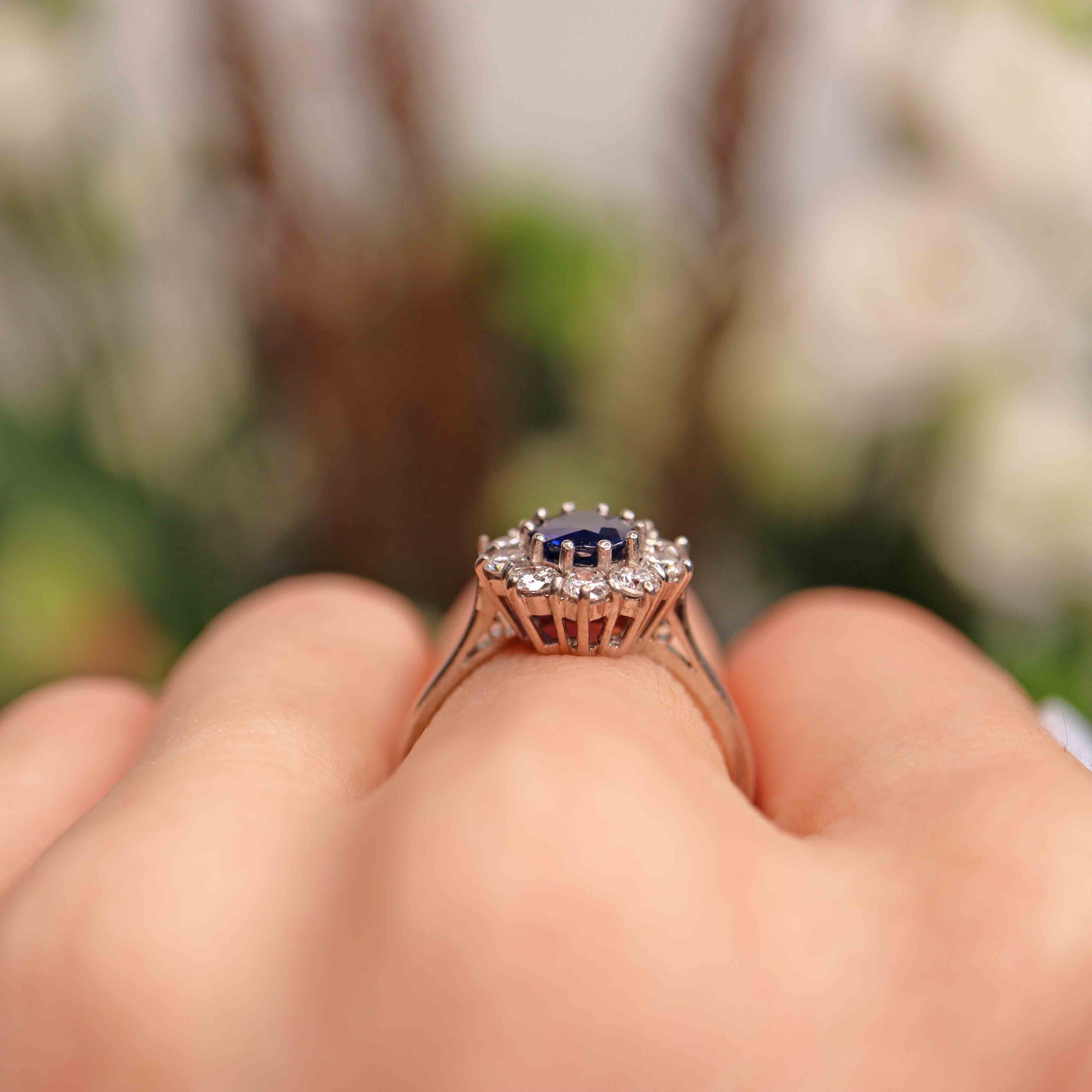 Ellibelle Jewellery Vintage Sapphire & Diamond 18ct White Gold Cluster Engagement Ring