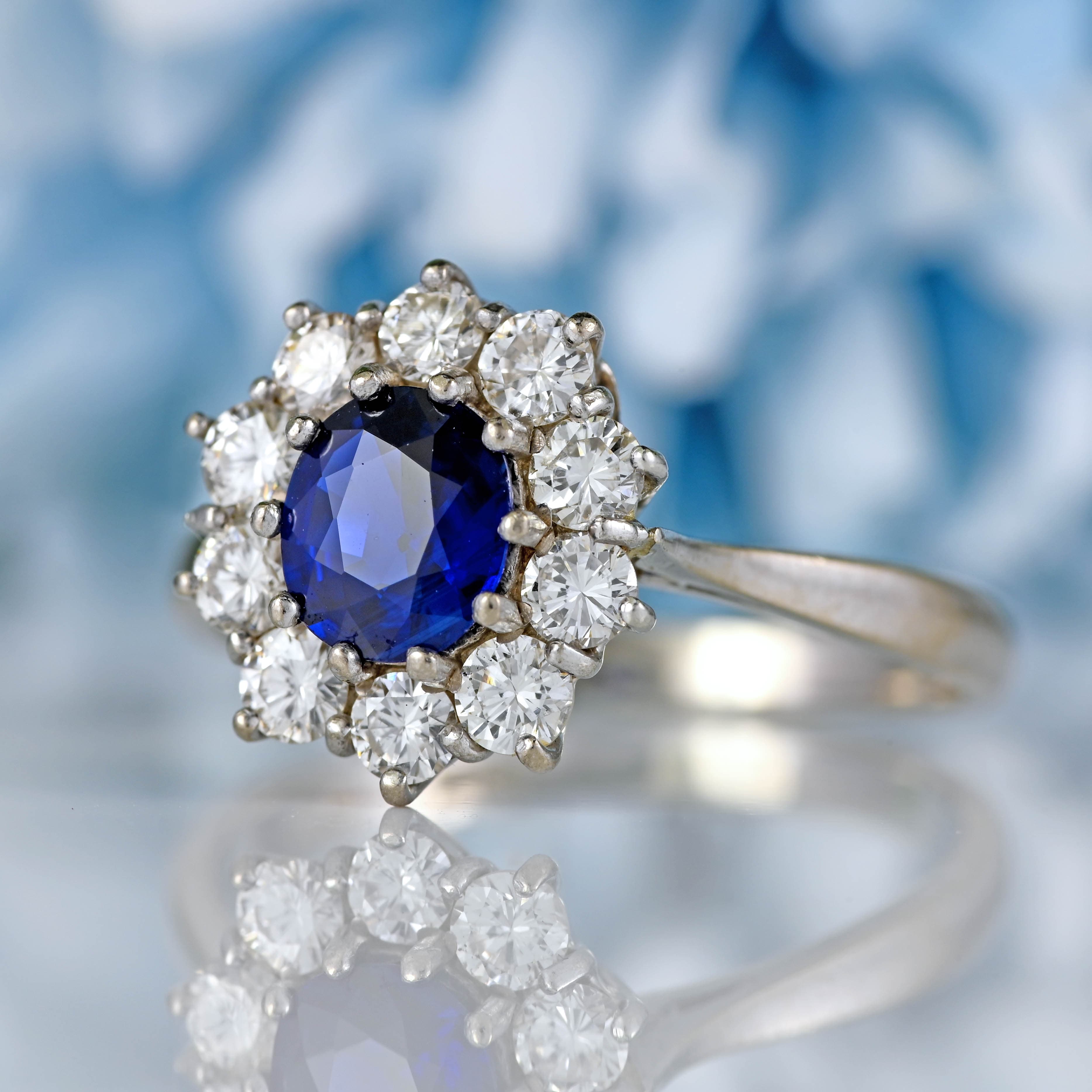 Ellibelle Jewellery Vintage Sapphire & Diamond 18ct White Gold Cluster Engagement Ring