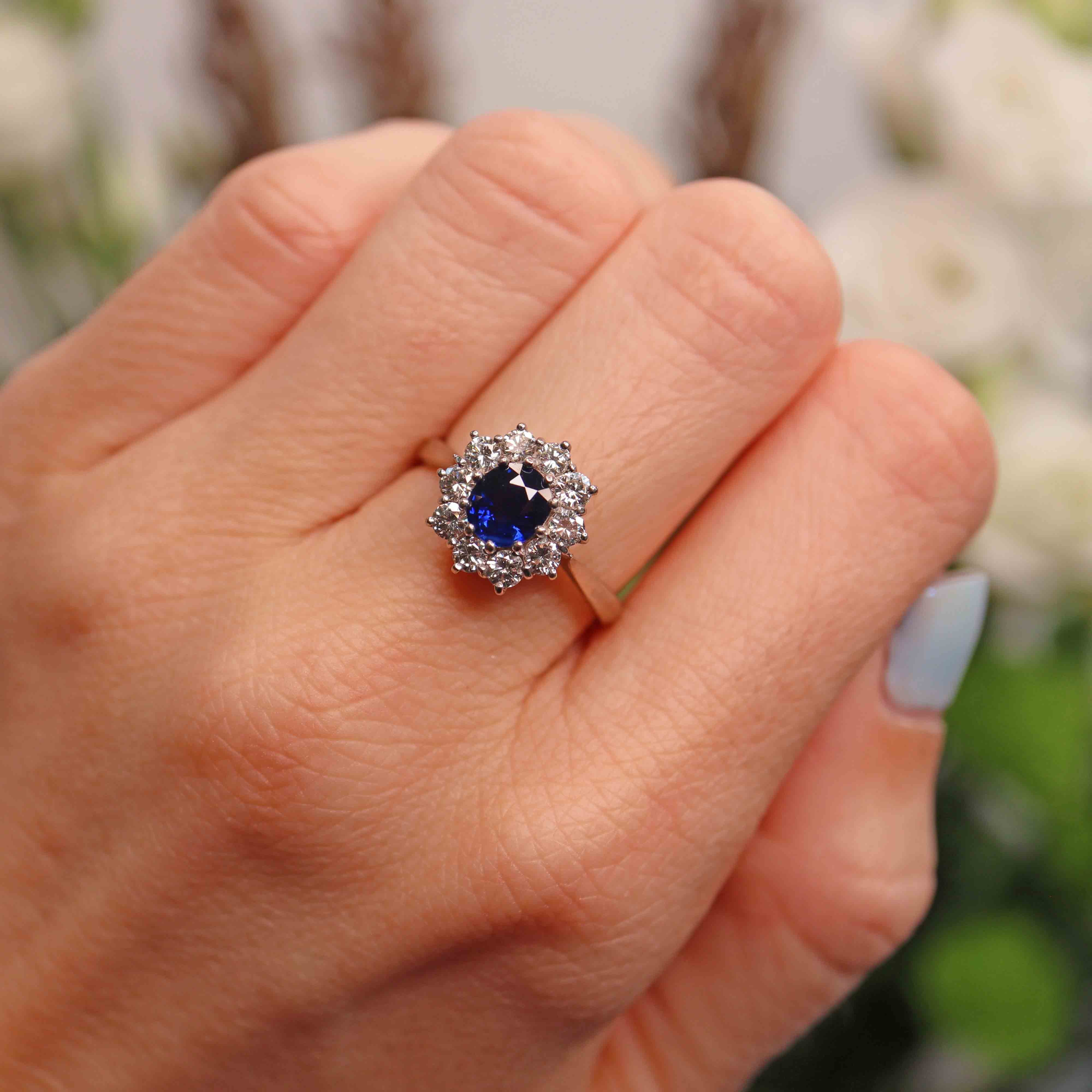 Ellibelle Jewellery Vintage Sapphire & Diamond 18ct White Gold Cluster Engagement Ring