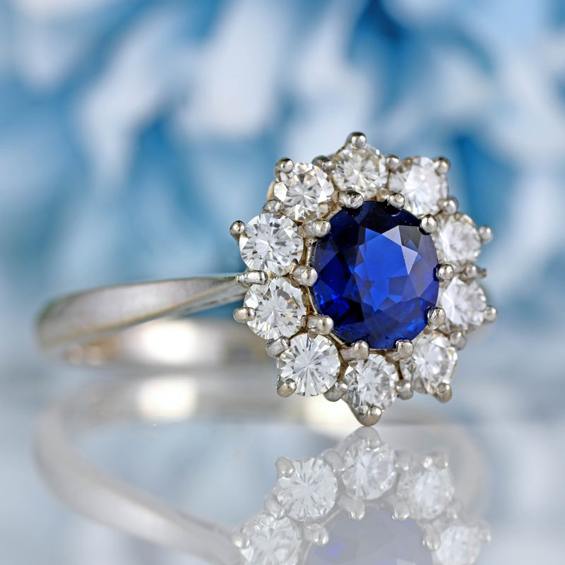 Ellibelle Jewellery Vintage Sapphire & Diamond 18ct White Gold Cluster Engagement Ring