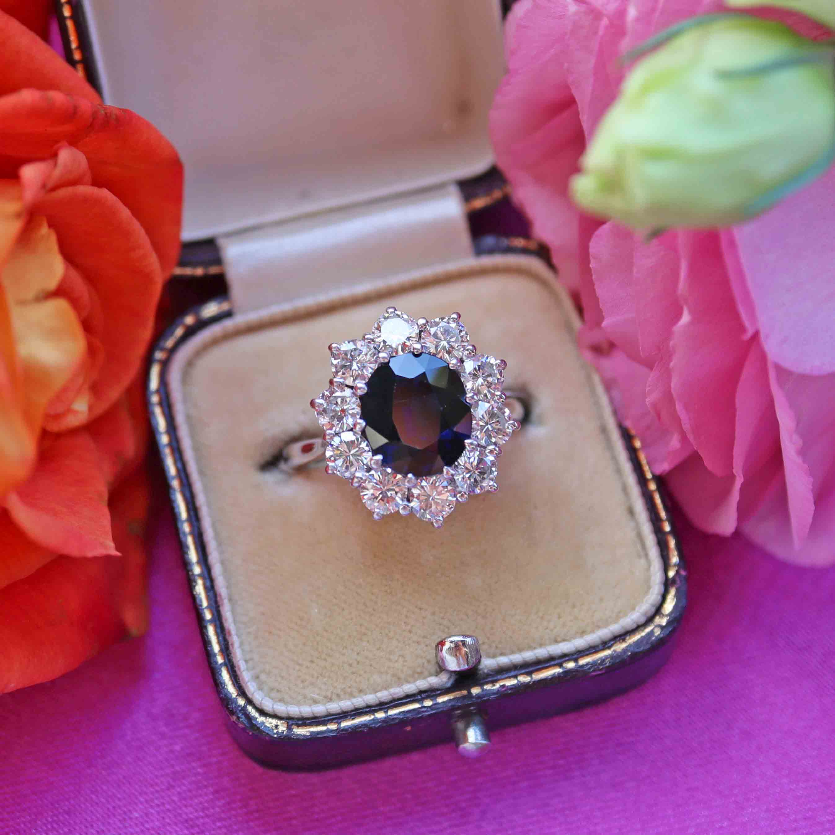Ellibelle Jewellery Vintage Sapphire & Diamond 18ct White Gold Cluster Engagement Ring (2.80cts)