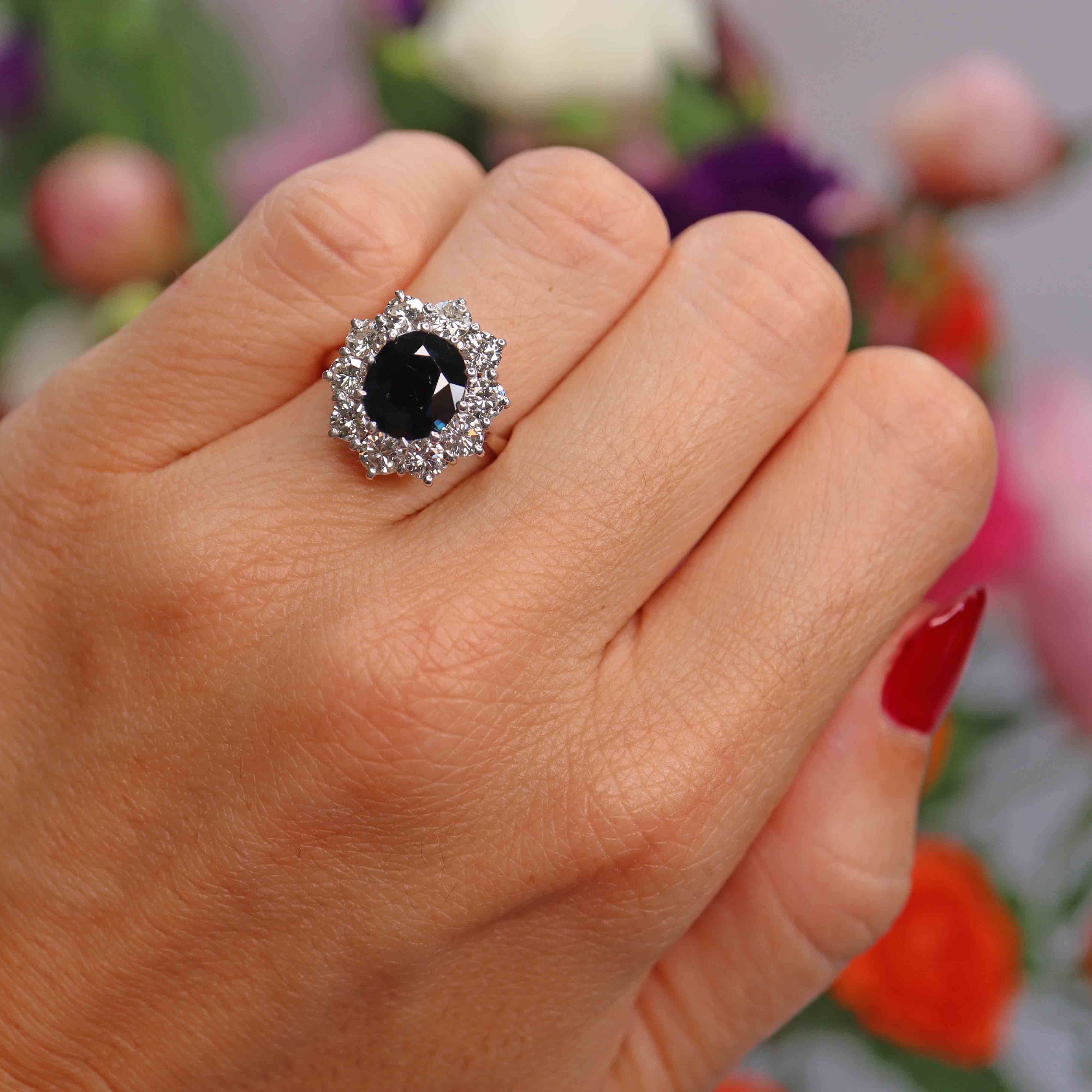 Ellibelle Jewellery Vintage Sapphire & Diamond 18ct White Gold Cluster Engagement Ring (2.80cts)