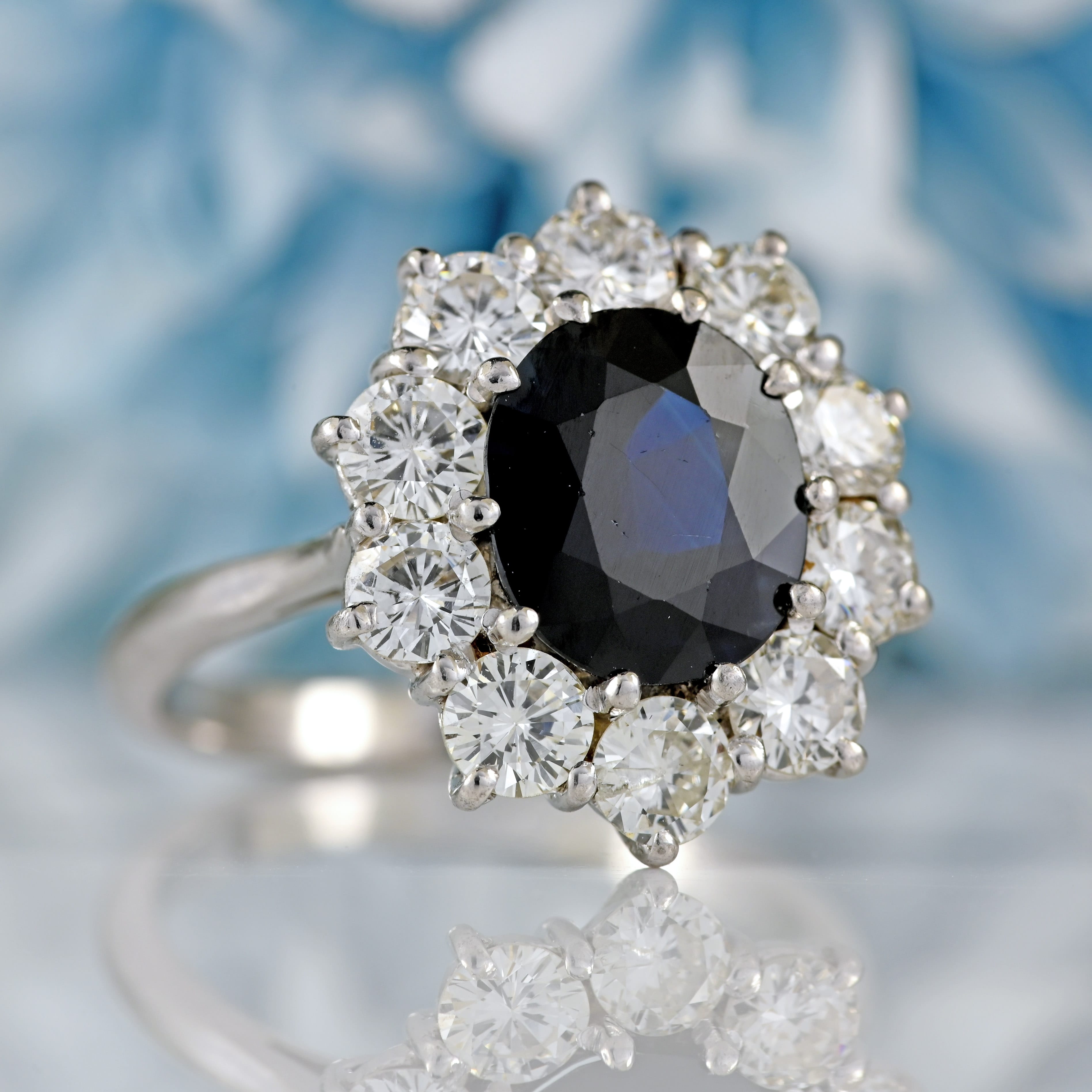Ellibelle Jewellery Vintage Sapphire & Diamond 18ct White Gold Cluster Engagement Ring (2.80cts)