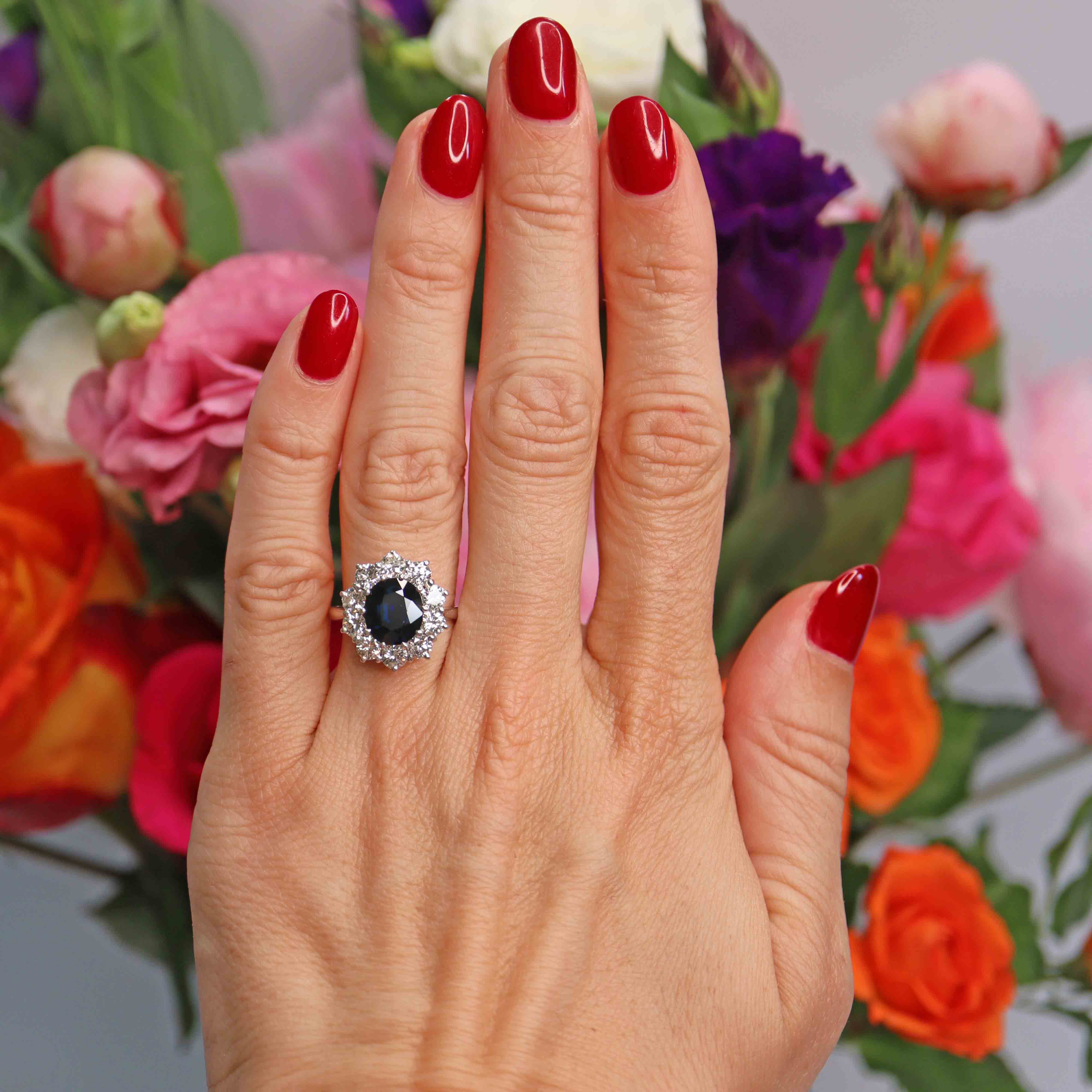 Ellibelle Jewellery Vintage Sapphire & Diamond 18ct White Gold Cluster Engagement Ring (2.80cts)